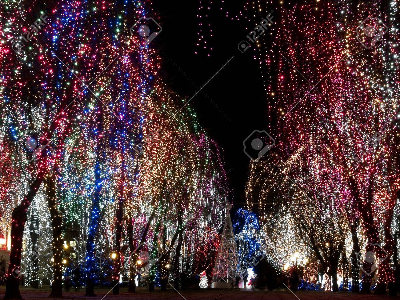Christmas Decorations Outdoors Lights On Trees Night Stock Photo