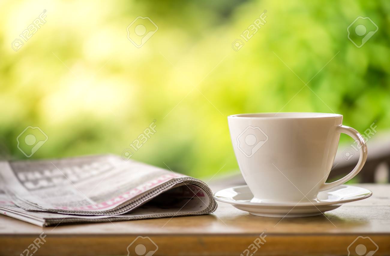 Good Morning Coffee Cup With News Paper On Nature Green Background ...