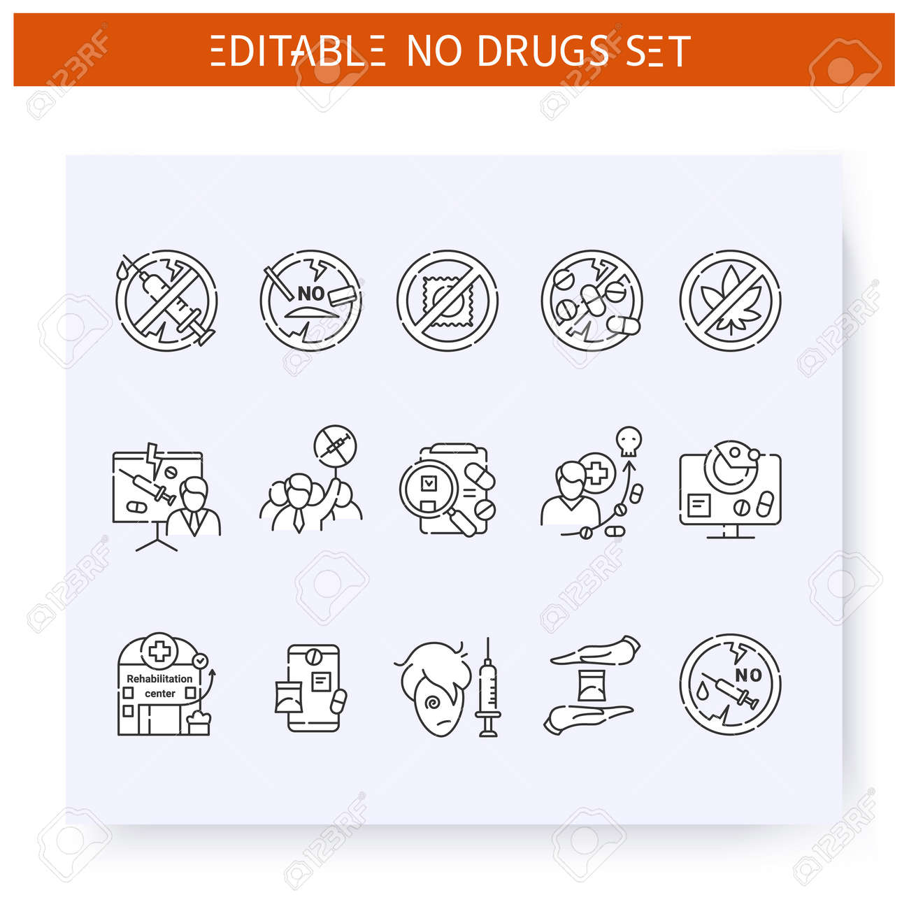 Stop drugs line icons set. Editable illustration - 158250645 Stop drugs line icons set. Editable illustration - 158250645