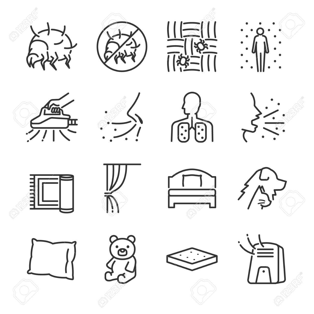 ほこりダニ ライン アイコンは 塵のダニ ノミ ベッドのバグ 寝室 ベッド バグキラーが含まれていますアイコンを設定します のイラスト素材 ベクタ Image