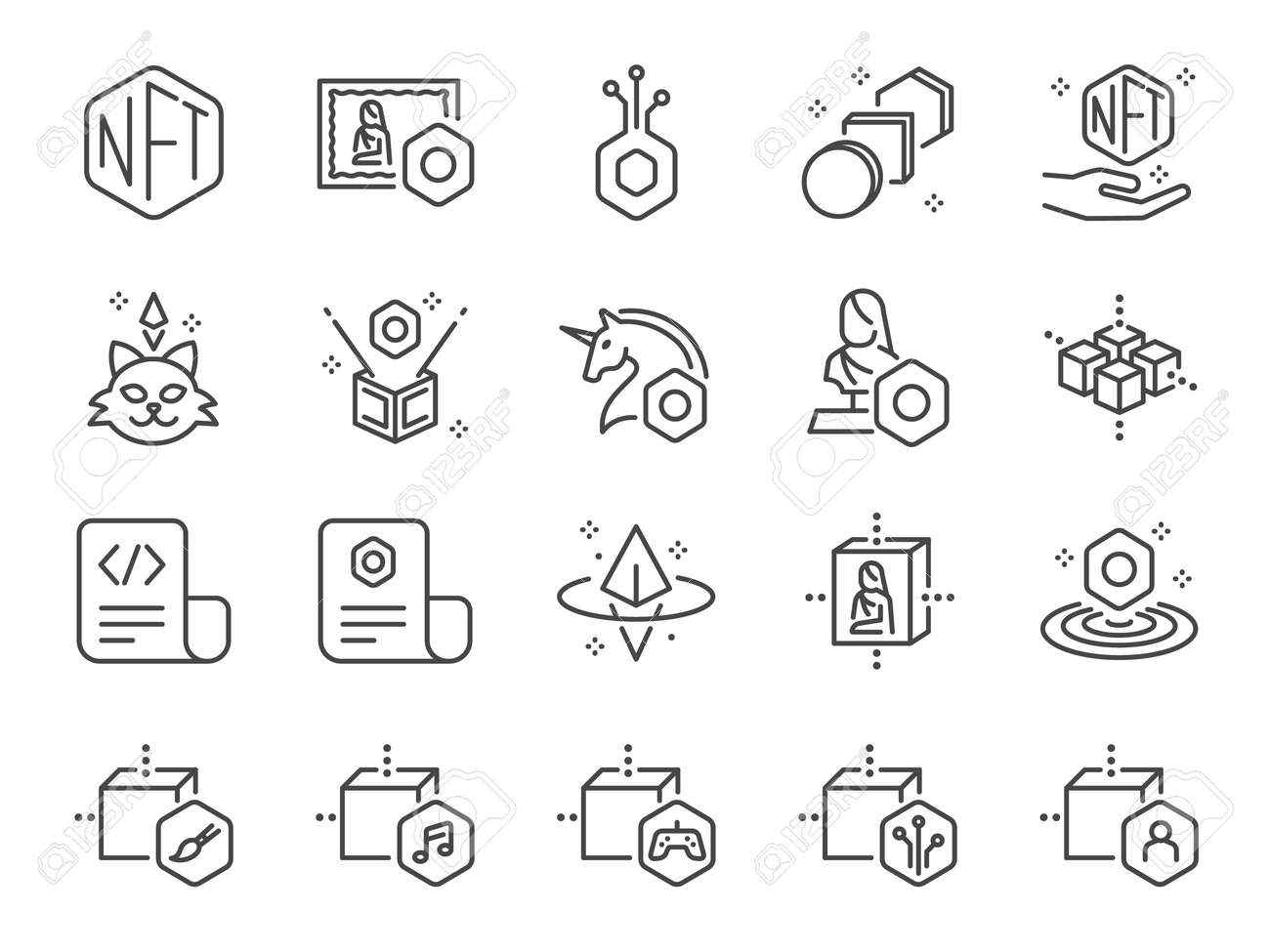 NFTラインアイコンセット。非代替トークン、ブロックチェーン、ユニーク、暗号、通貨などのアイコンが含まれています。のイラスト素材・ベクター Image  171074821