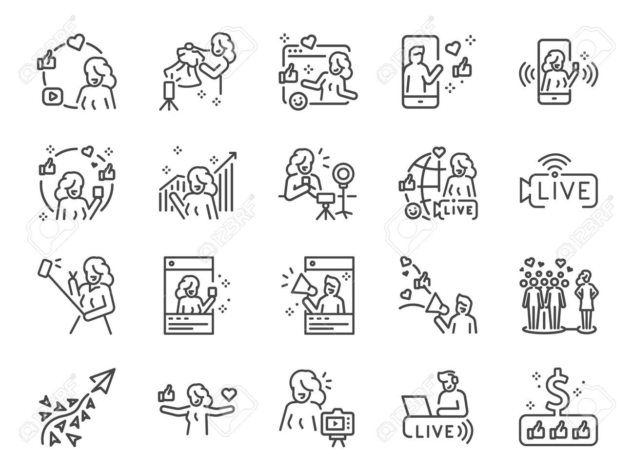 인플루언서 라인 아이콘이 설정되었습니다. 뷰티 블로거, 광고, 소셜 미디어, 바이럴 마케팅 등의 아이콘을 포함했습니다. 로열티 무료  사진, 그림, 이미지 그리고 스톡포토그래피. Image 188840176
