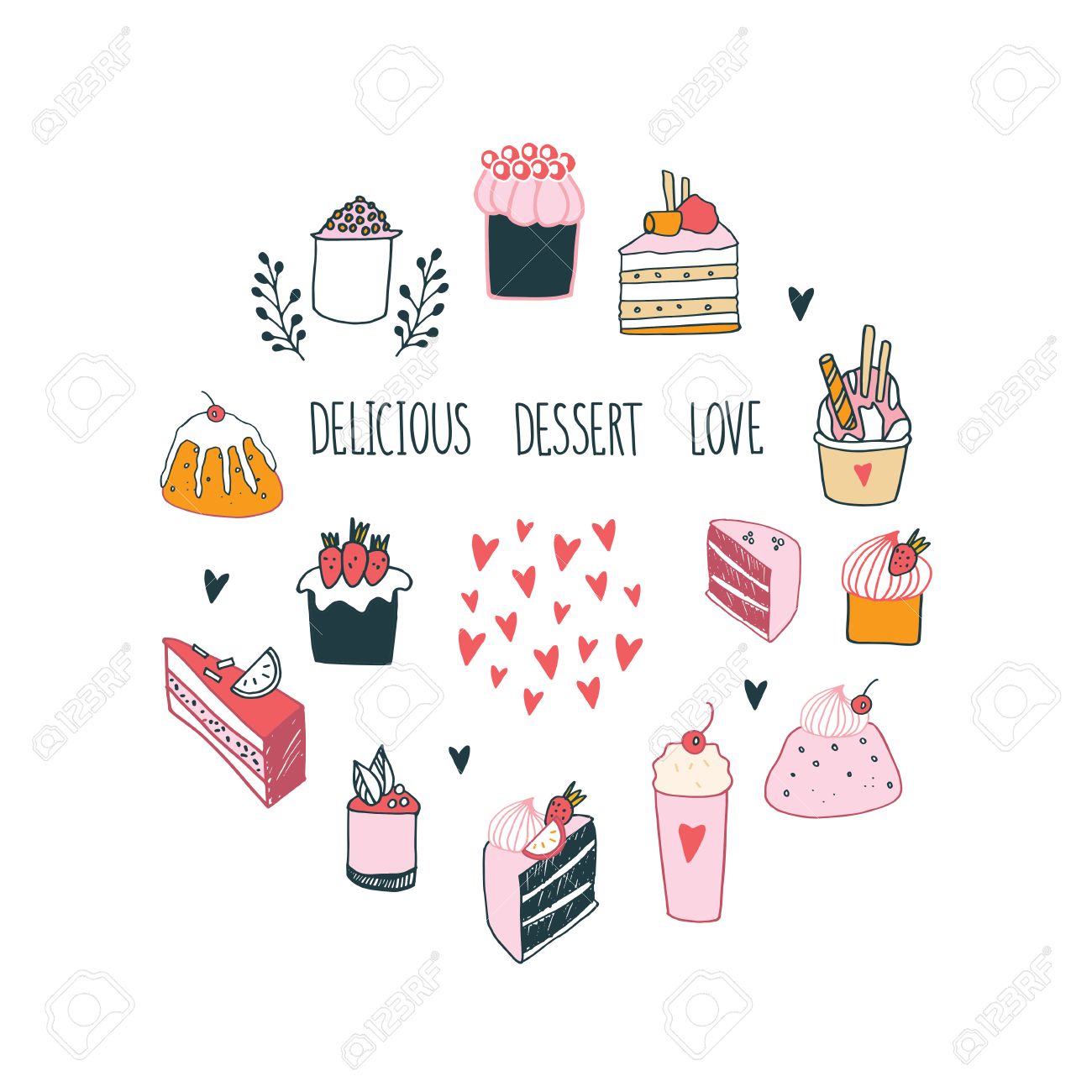 手で美味しいデザート コレクション ミルクセーキ ケーキ プリン カップケーキ食品ベクトル図を描画 のイラスト素材 ベクタ Image