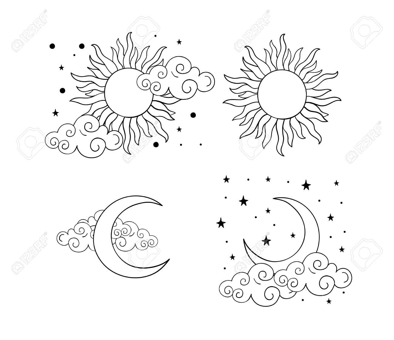 Mystical Boho Tattoos With Sun, Crescent, Stars And Clouds. Linear Design,  Hand Drawing. Set Of Elements For Astrology, Mysticism And Fortune Telling.  Vector Illustration On A White Background Royalty Free SVG, Cliparts,, image size:1300x1122