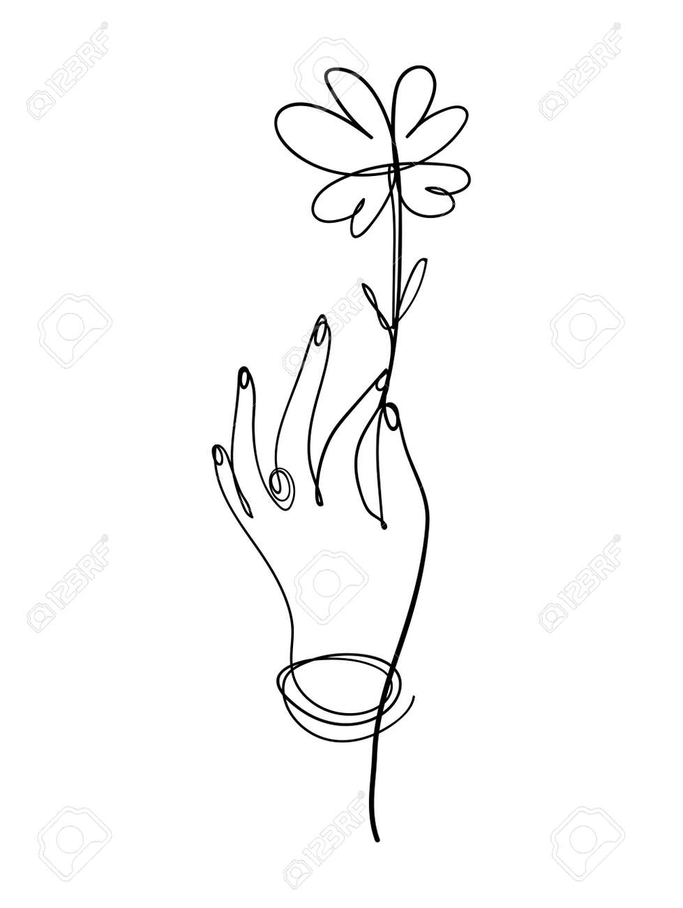 Continuous Line Drawing A Woman S Hand Holds A Flower A Leaf Of A Clover Aesthetic Drawing For A Logo Beauty Salon Eco Goods Store Vector Illustration Isolated On White Background Royalty