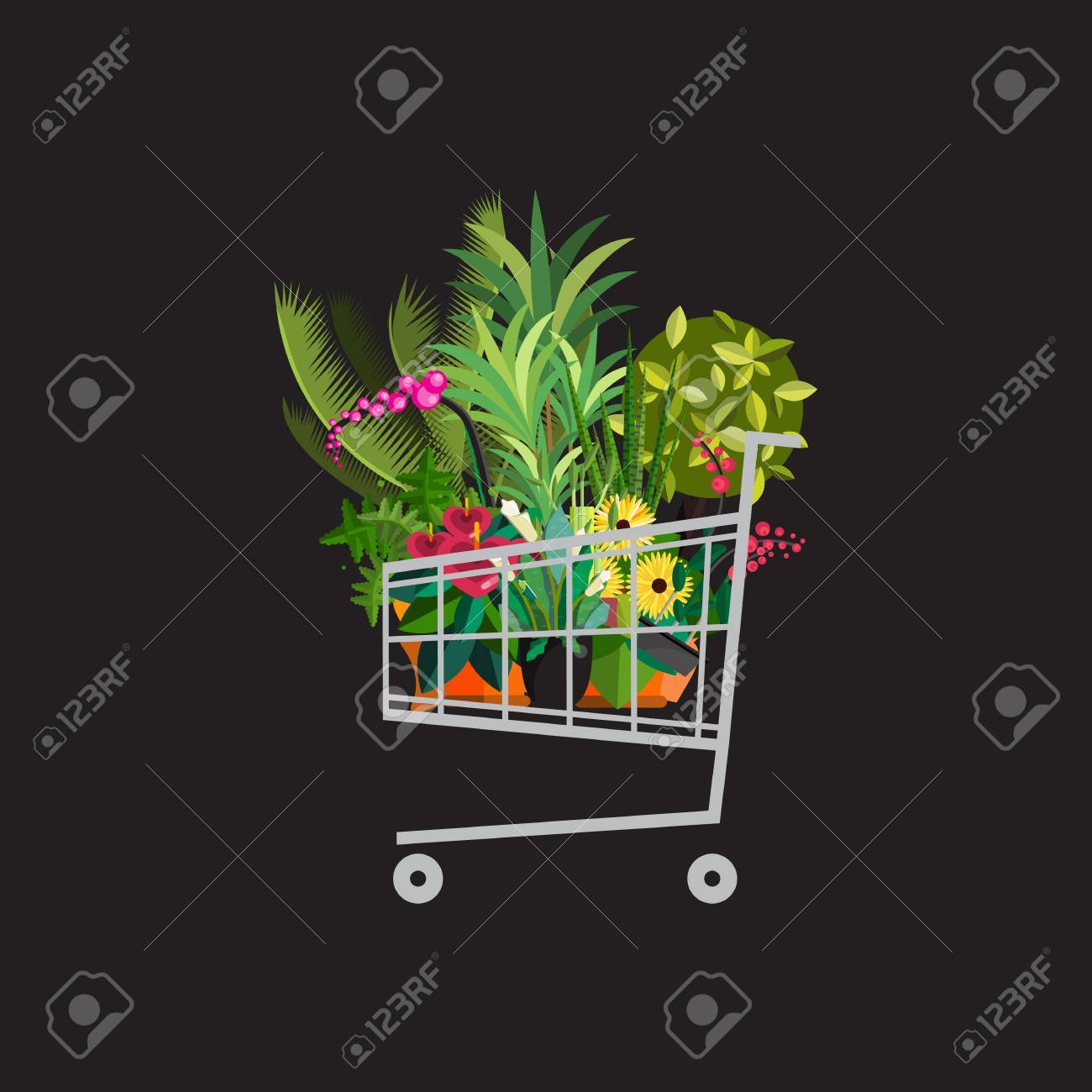 花屋 植物とショッピングカート フラワー ストア フラット デザイン 植物群落のショップ フラワー ショップでの販売 園芸店をショッピングします 大きな花の販売 ショッピングカートは 草花や鉢植えの植物の完全 のイラスト素材 ベクタ Image
