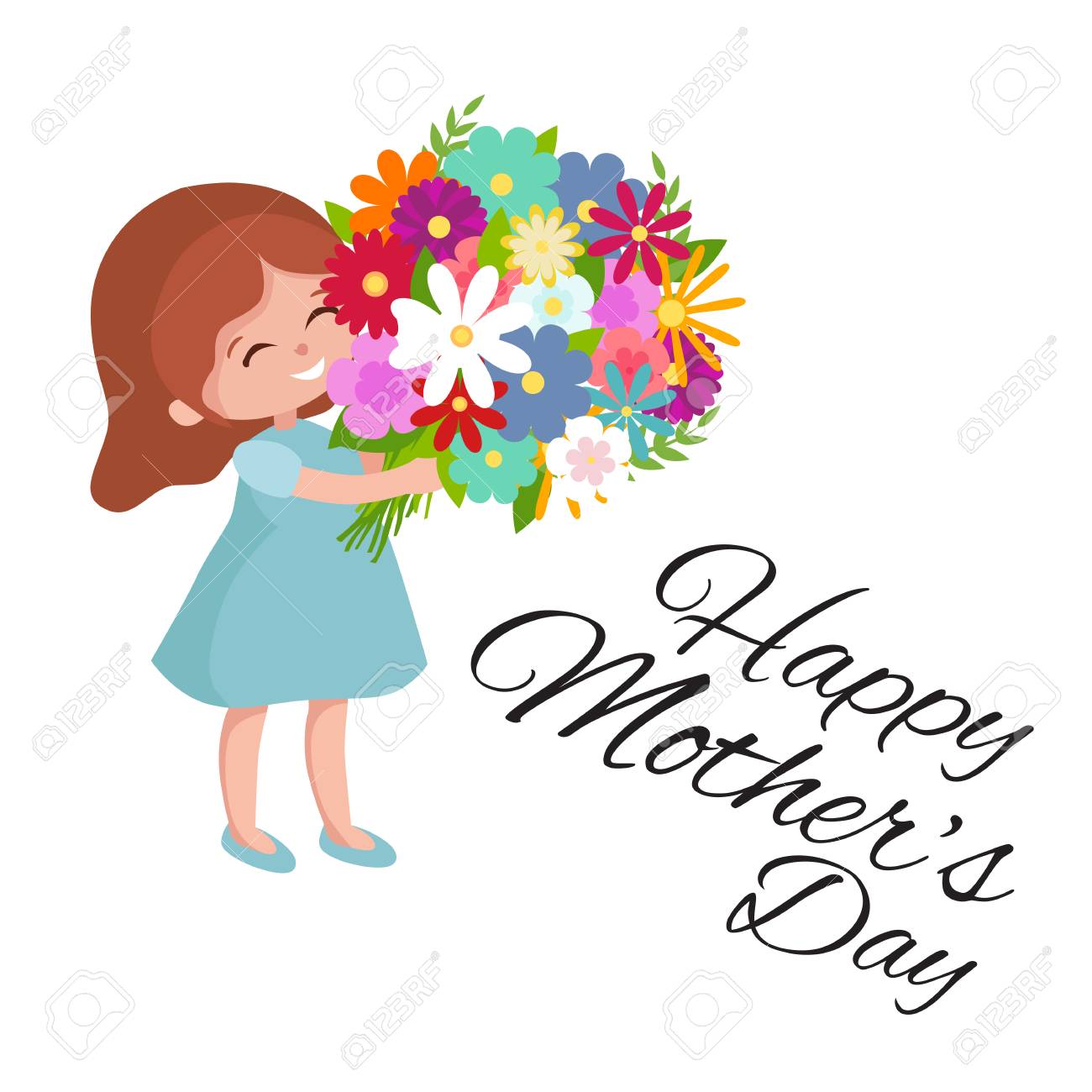 ベクトル イラストを描く花カート幸せな母の日の挨拶で女の赤ちゃん のイラスト素材 ベクタ Image