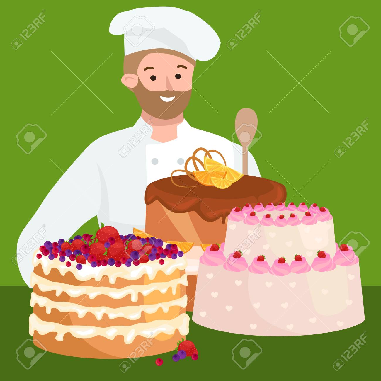 Personnage De Dessin Anime Patissier Avec Un Gateau Vector Illustration Catering Mascotte Caractere D Identite Patissier Clip Art Libres De Droits Vecteurs Et Illustration Image 57488032