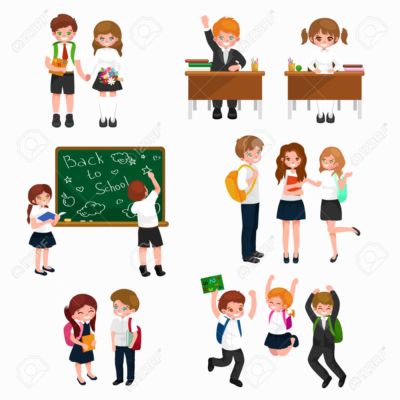 Happy Children Fun Activities At School Like Painting,studying,learning,  Jumping.Back To School Vector Background,children Back To School And  Learning With Books, Student Writing At School Blackboard Royalty Free SVG,  Cliparts, Vectors, and Stock, image size:1300x1300