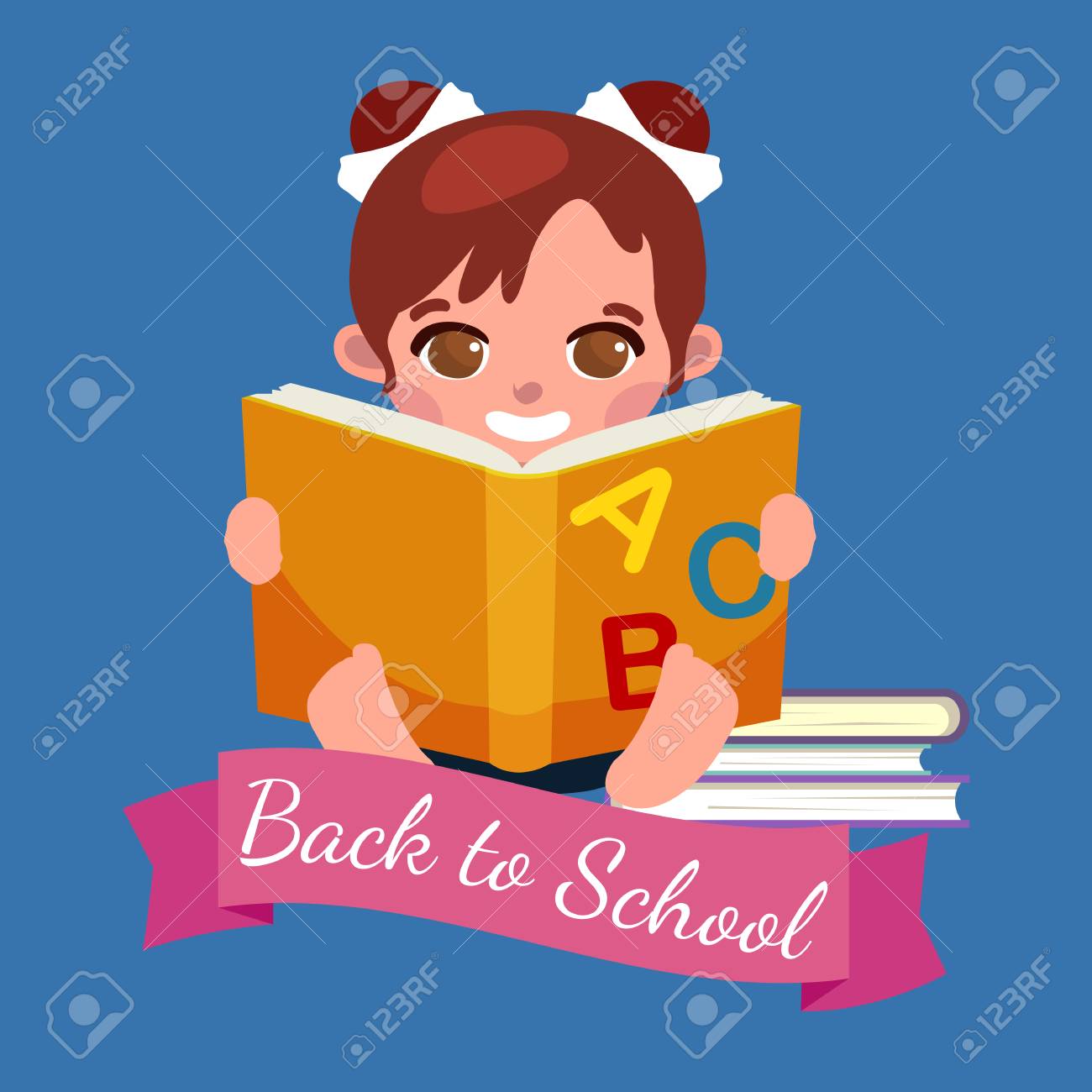 教科書と学校の概念ベクトル図に戻って 笑顔で学習ノートを持つ少女のイラスト素材 ベクタ Image