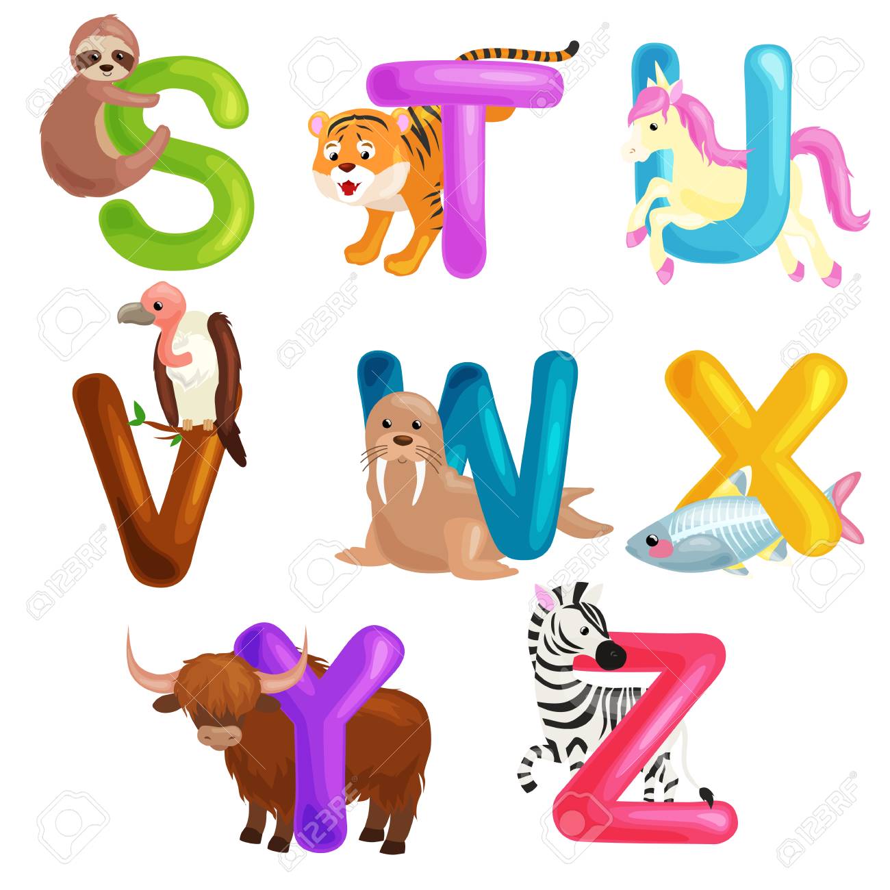就学前の子供 Abc 教育設定動物のアルファベット かわいい動物文字は英語のアルファベットのコレクションです 漫画動物アルファベット文字ベクトル図を学習の設定 のイラスト素材 ベクタ Image