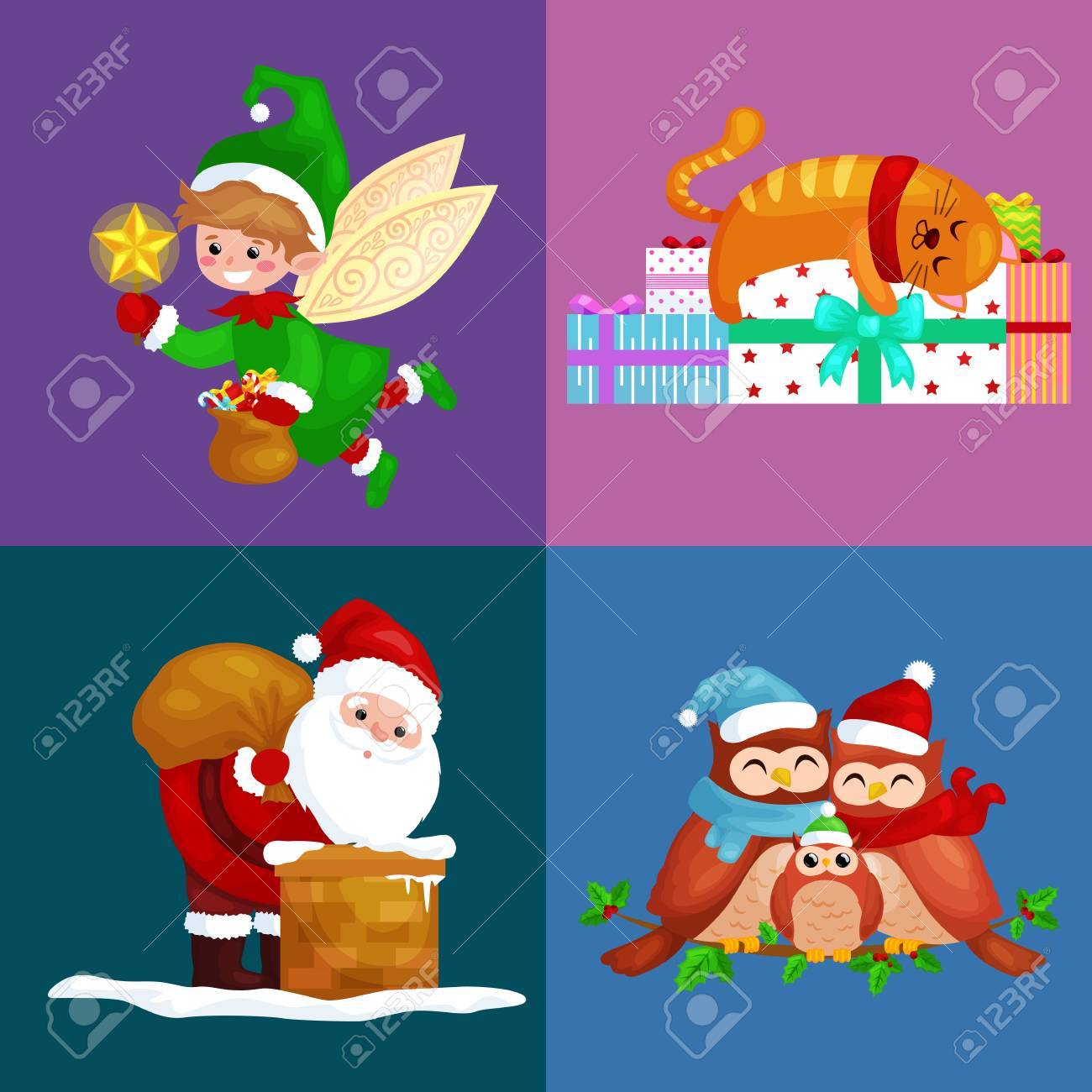 イラストはメリー クリスマス新年あけましておめでとうございます 女の子歌うペット 雪だるまギフト猫と犬と休日の歌プレゼント フクロウの家族 鳥 クリスマス エルフ サンタ クロース登山煙突バッグをお楽しみください のイラスト素材 ベクタ Image