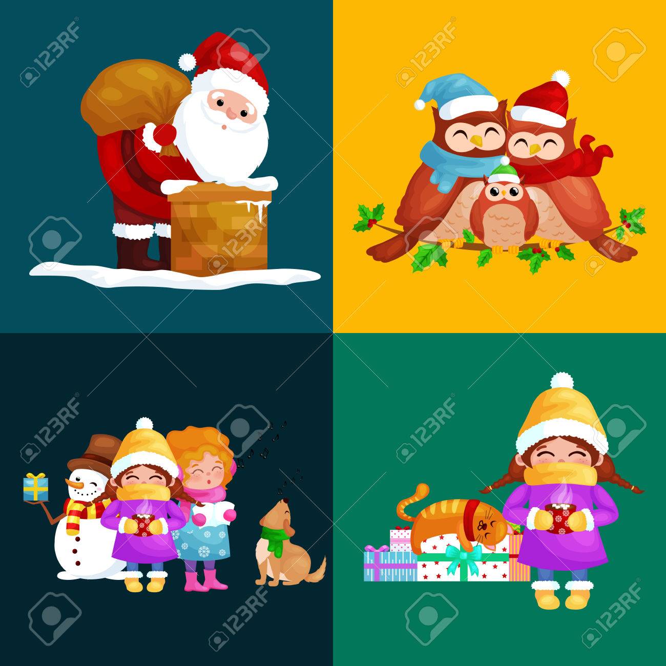 illustrations set merry christmas happy new year girl sing holiday christmas elf songs