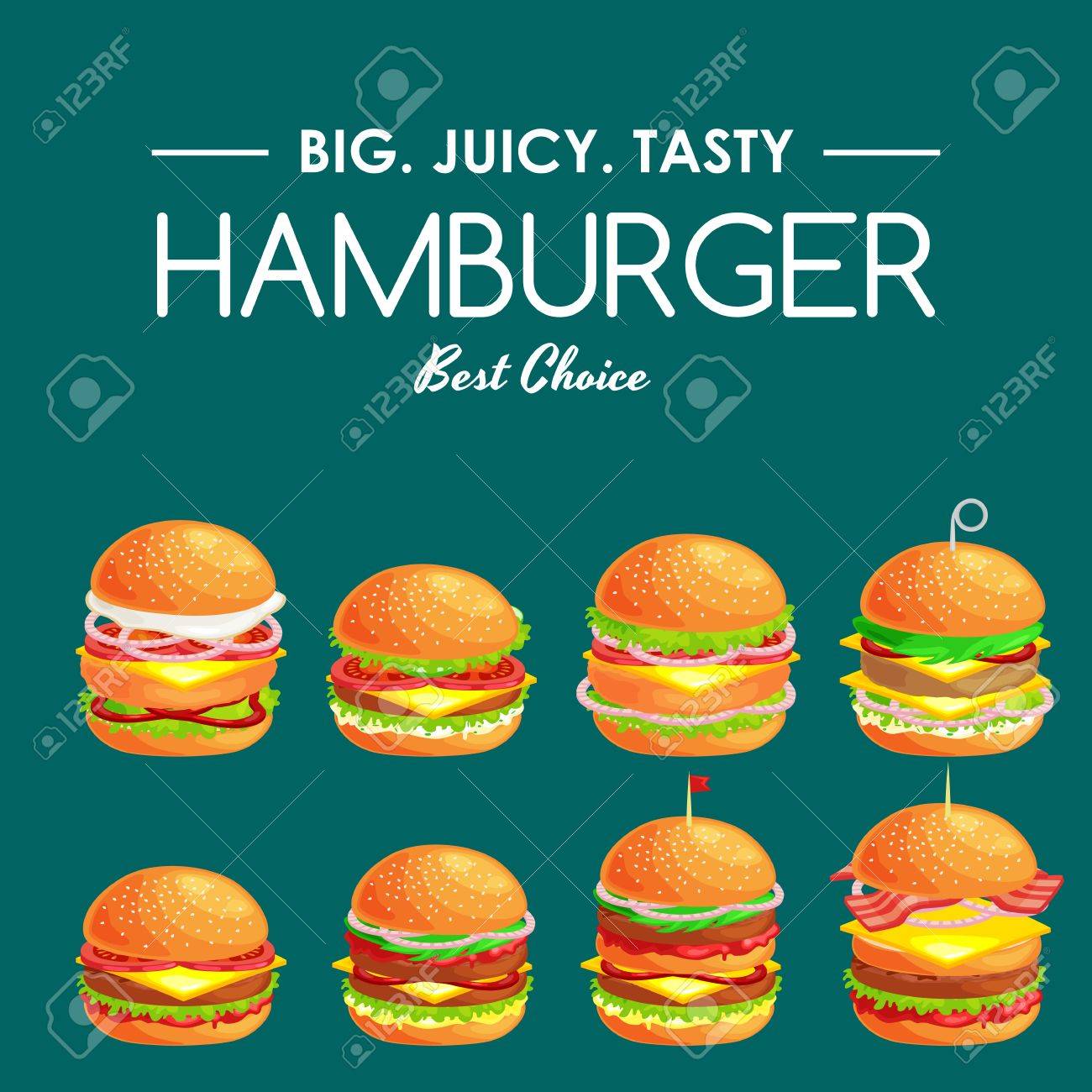 Set Of Tasty Burger Grilled Beef And Fresh Vegetables Dressed