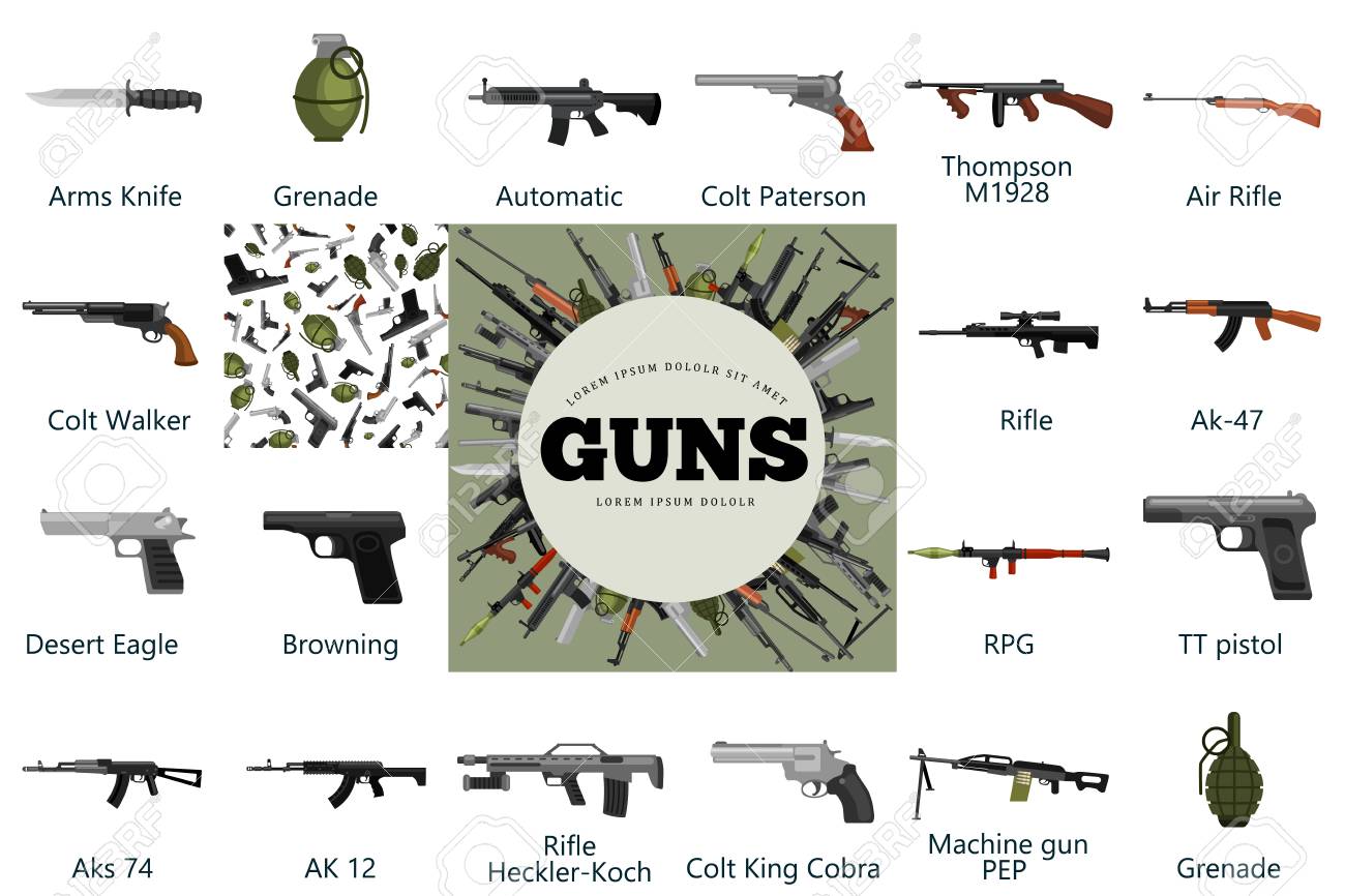 軍用銃の自動設定 保護 Shoting または戦争コレクション 狩猟や警察の装備 弾薬分離背景ベクトル イラストのハンドガンの弾とマガジン バレルの武器を手のイラスト素材 ベクタ Image 8057