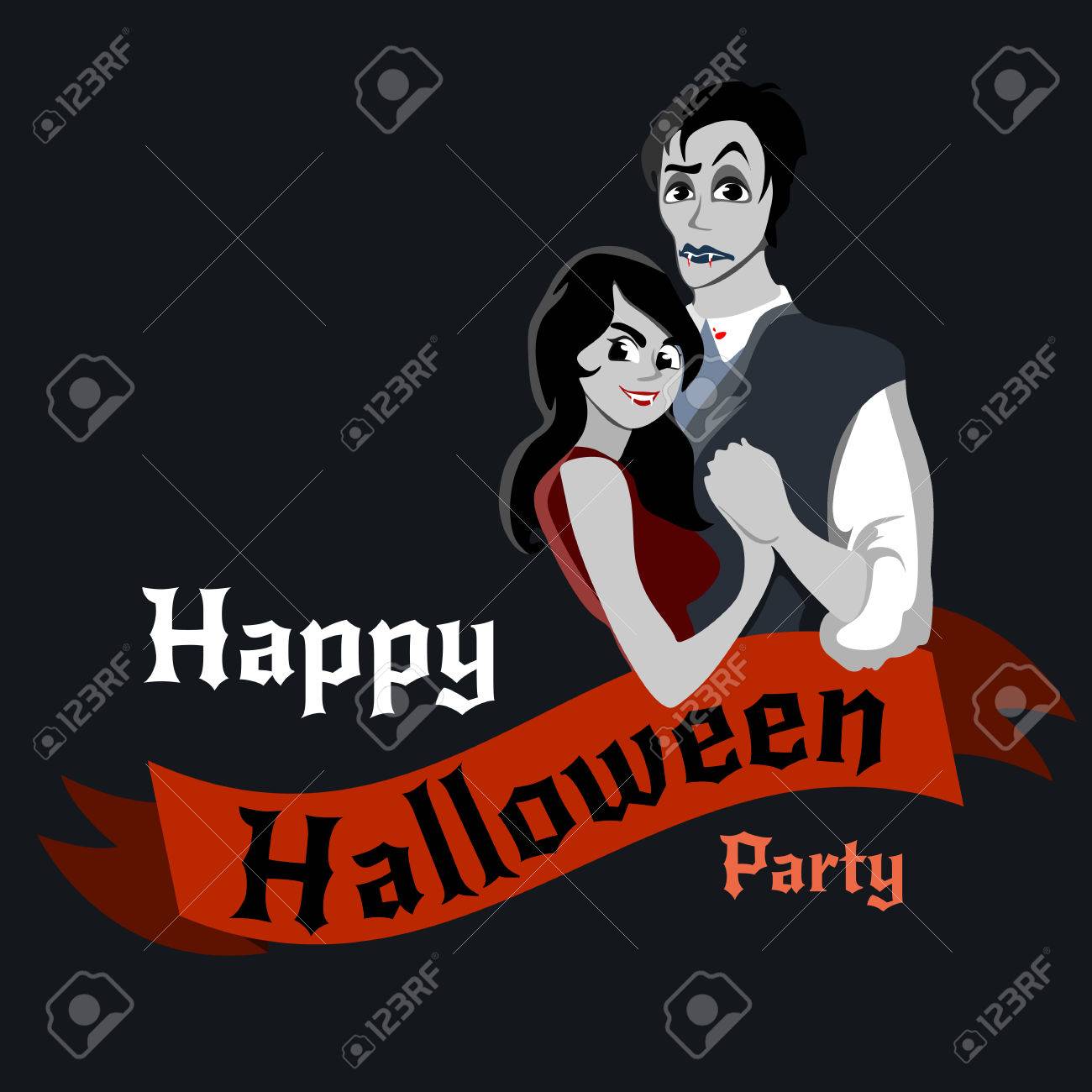 吸血鬼のカップルのハロウィーン ゴシック パーティー ヴァンプ コスプレ ドラキュラの歯とベクトル チラシ 白い男と女ナイト ポスターの牙の恐怖への招待の背景やバナーのイラスト のイラスト素材 ベクタ Image