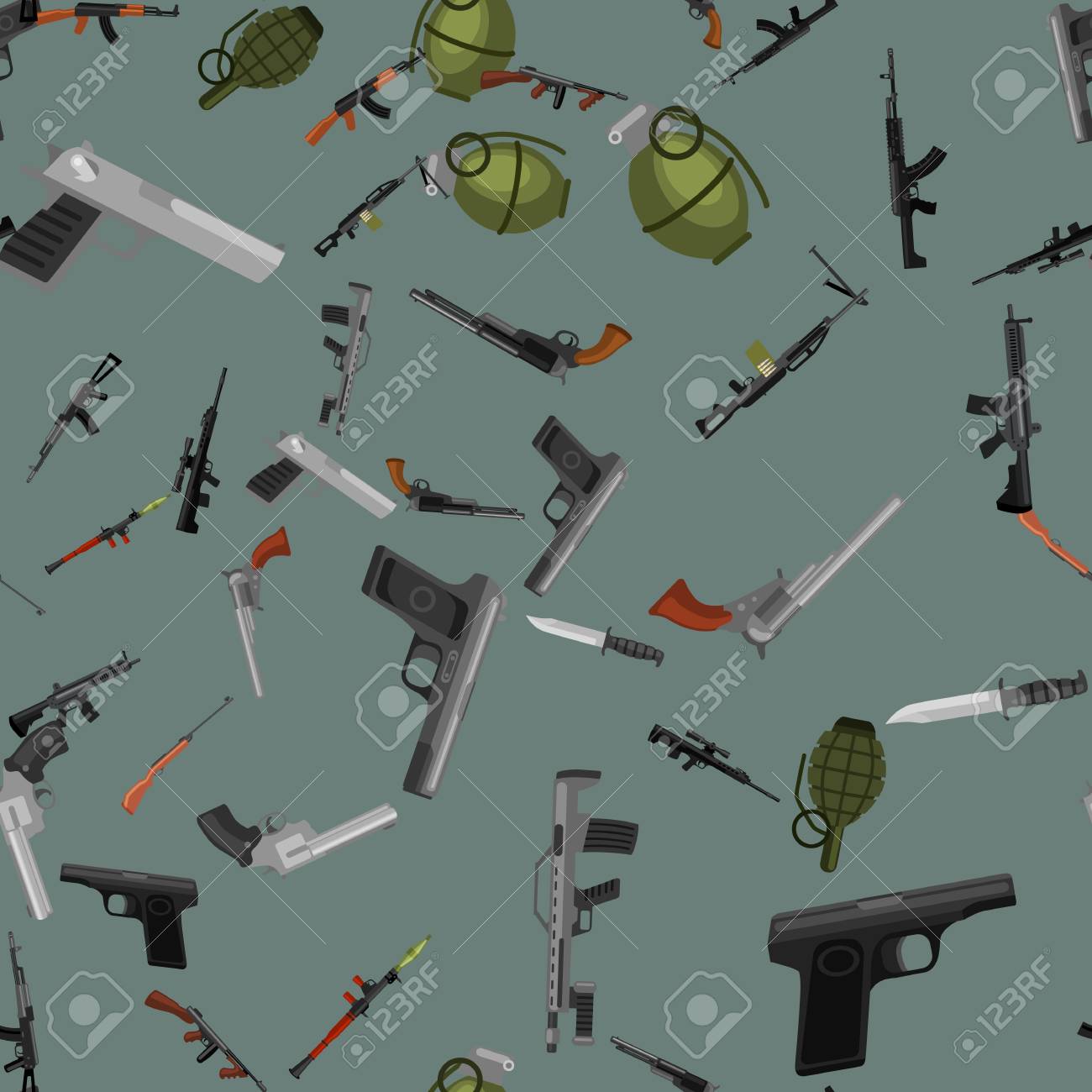 軍のシームレスなパターンは 自動銃し 保護 Shoting または戦争のテクスチャ 狩猟や警察機器背景ベクトル イラストのハンドガンの弾とマガジン バレルの武器を手します のイラスト素材 ベクタ Image