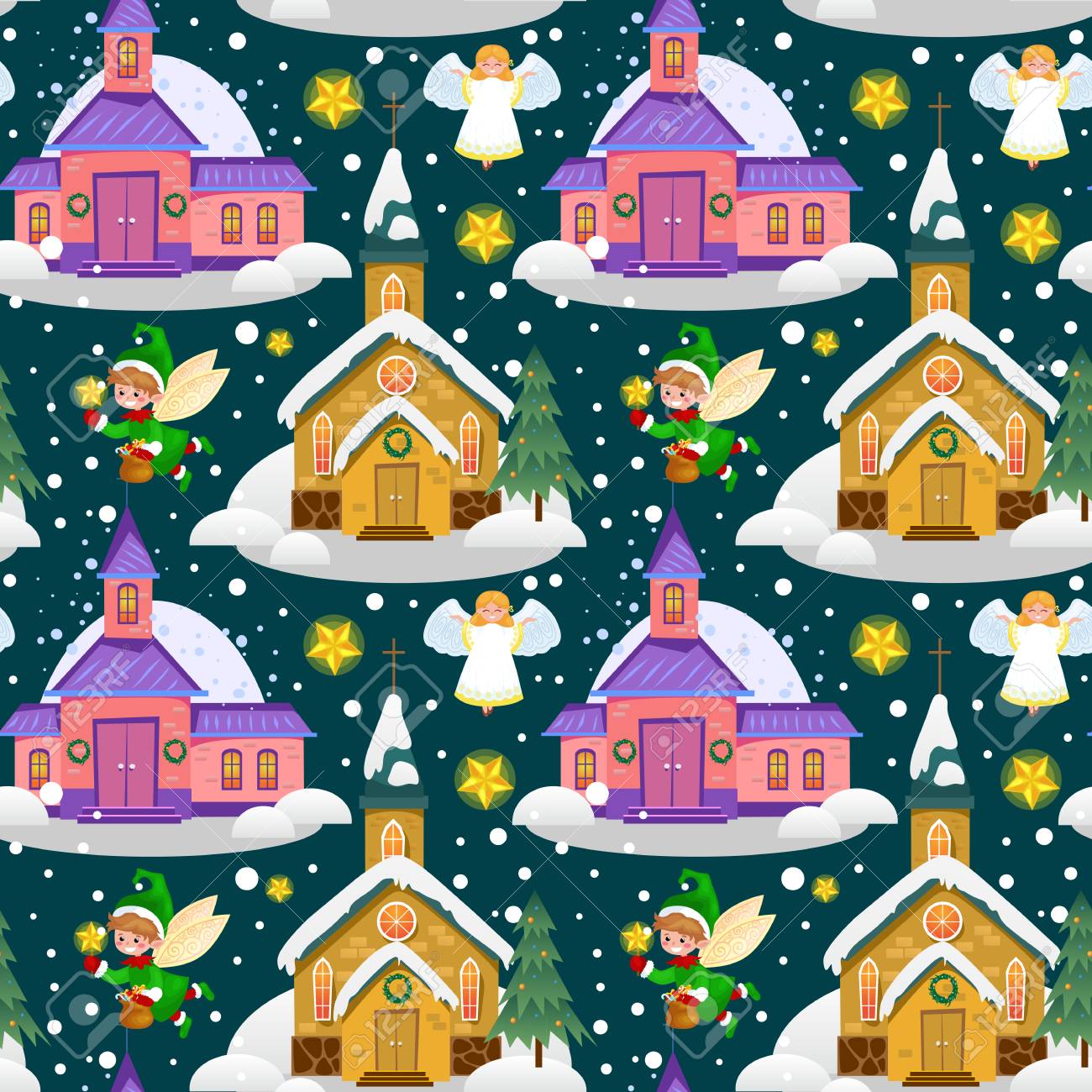 Merry Christmas and Happy New Year card, church and green tree under snow, Christianity and Catholic winter city cathedral vector illustration, religious holy background. - 91538756 Merry Christmas and Happy New Year card, church and green tree under snow, Christianity and Catholic winter city cathedral vector illustration, religious holy background. - 91538756