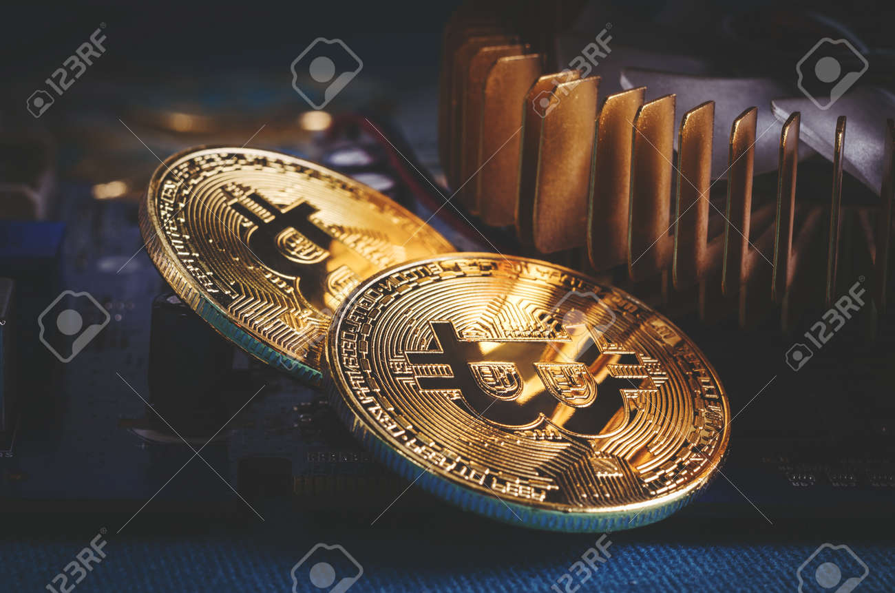 컴퓨터 비디오 카드의 물리적 금 비트코인 동전으로 전 세계적으로 새로운 독립 암호화폐가 탄생했습니다. 로열티 무료 사진, 그림, 이미지  그리고 스톡포토그래피. Image 180762182
