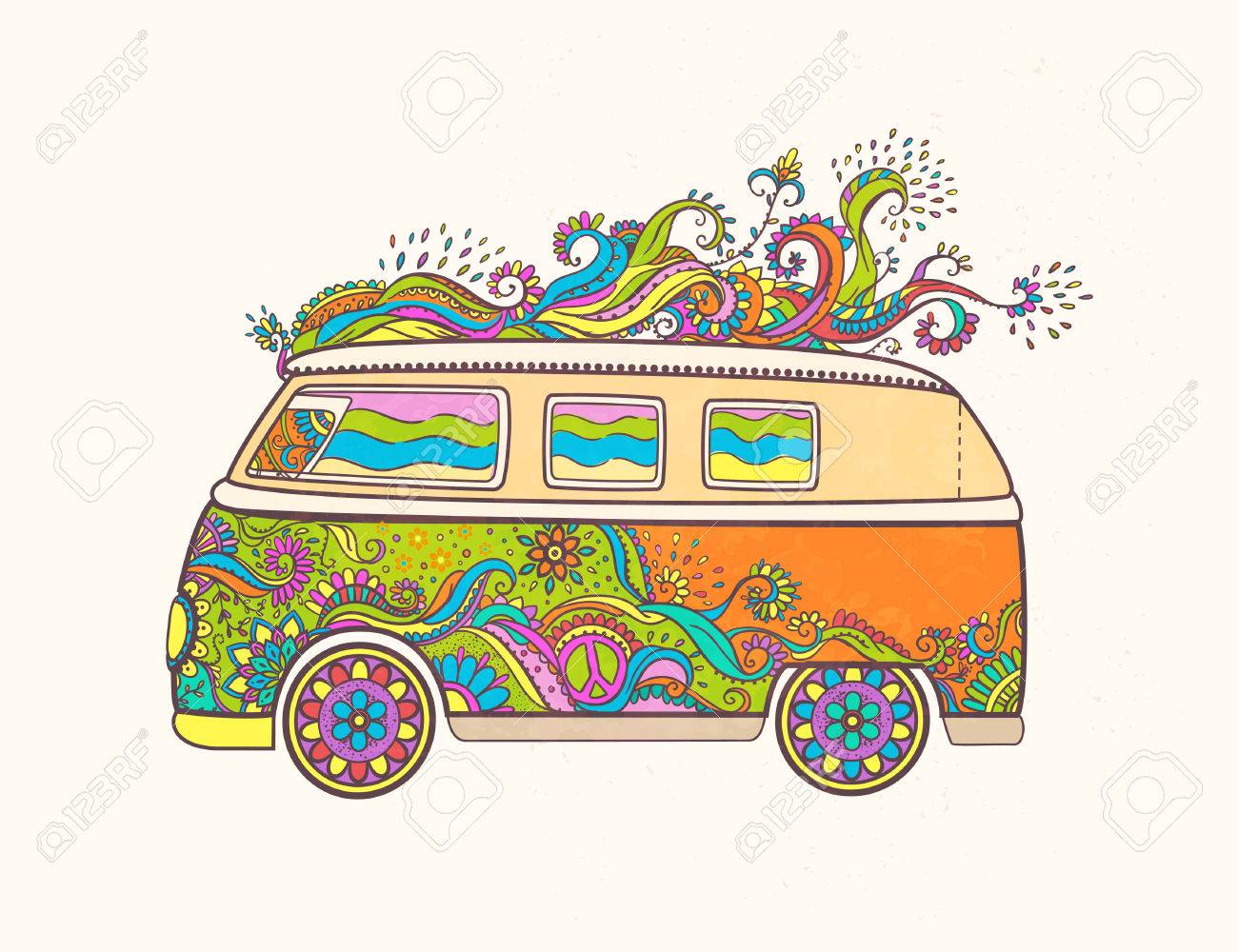 Hippie Vintage Car A Mini Van Love And Music With Hand Written Fonts Hippie Vintage Car A Mini Van Love And Music With Hand Written Fonts