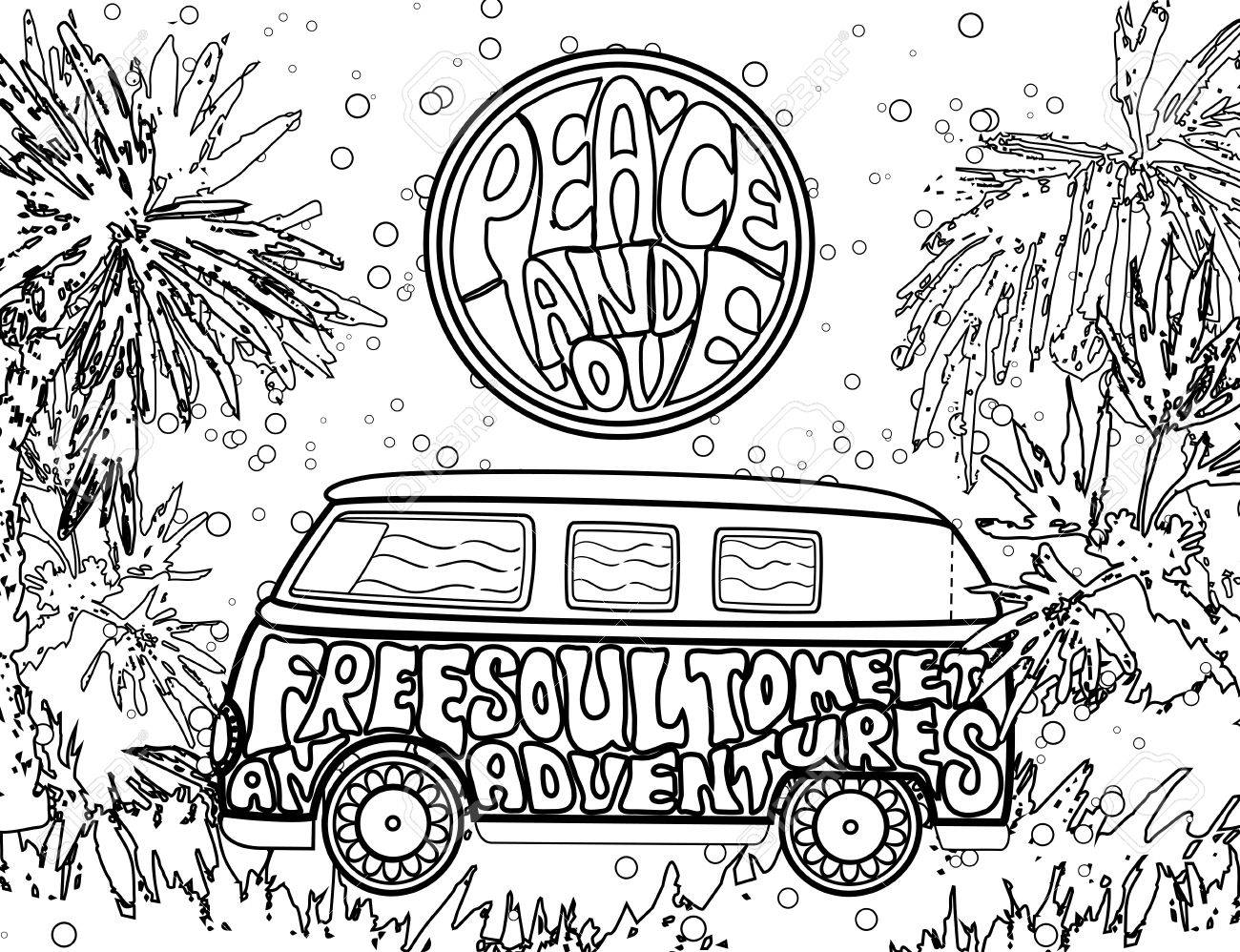 ヒッピー ヴィンテージ車 装飾的な背景 愛と音楽 手書きフォント 大人の塗り絵 ヒッピー色ベクトル イラスト レトロな 1960 年代 60 年代 70 年代 のイラスト素材 ベクタ Image