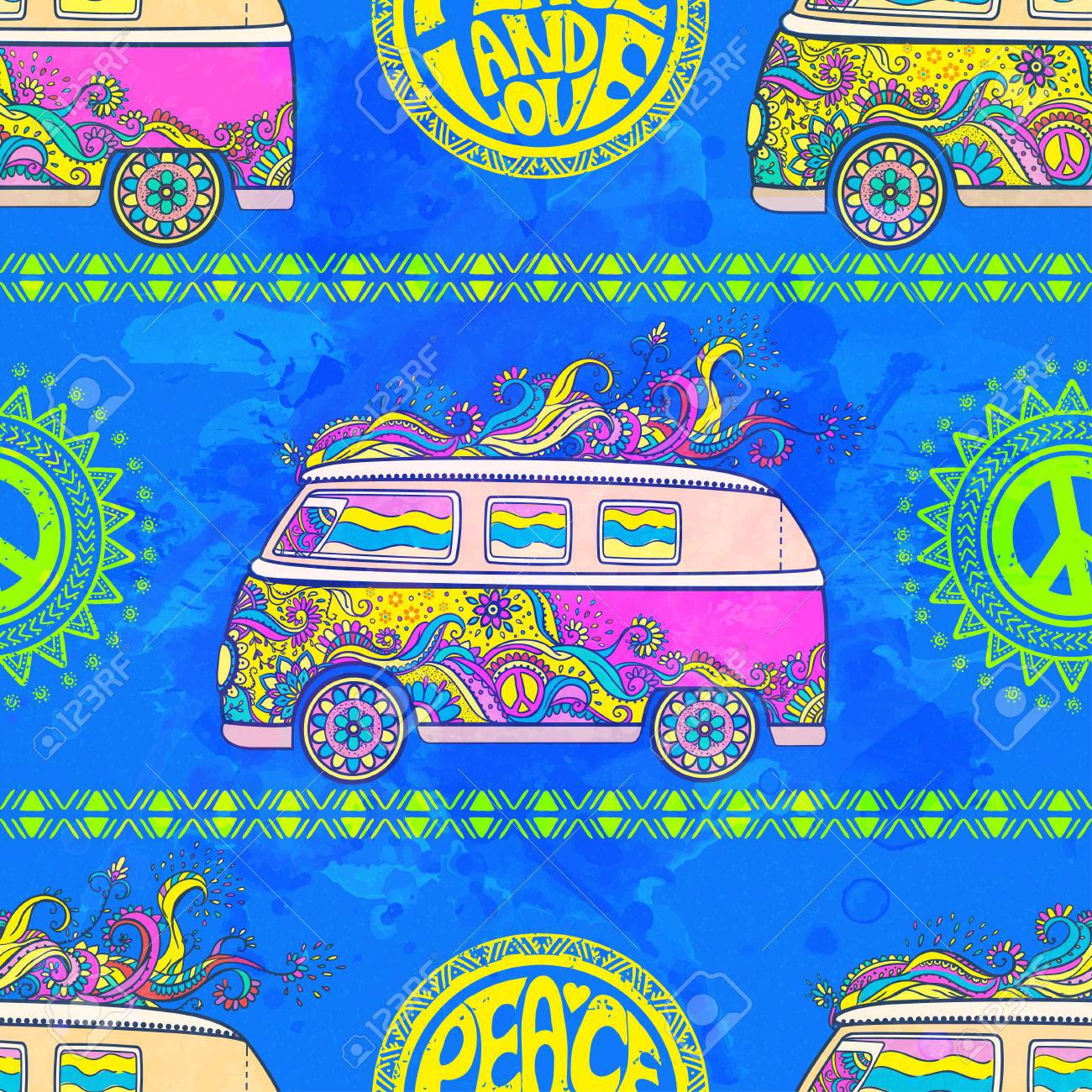 ヒッピー ヴィンテージ車花の子供たちの愛と音楽 手パターン フォント繊維の背景テクスチャとウッド ストックの人気ミニバン記号 ヒッピー色ベクトル イラスト レトロな 1960 年代 70 年代スタイル のイラスト素材 ベクタ Image
