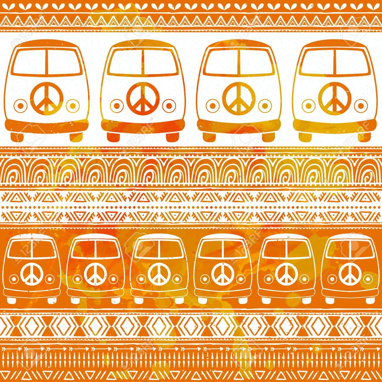 ヒッピー ヴィンテージ車花の子供たちの愛と音楽 手パターン フォント繊維の背景テクスチャとウッド ストックの人気ミニバン記号 ヒッピー色ベクトル イラスト レトロな 1960 年代 70 年代スタイルのイラスト素材 ベクタ Image