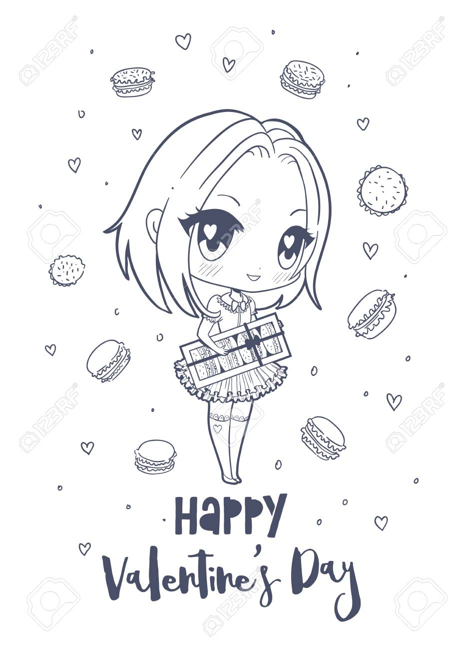 かわいいベクトルイラスト アニメの女の子 目が大きいはがき 衣服などに印刷する場合に使用してください 甘いマカロンで幸せなバレンタインデー のイラスト素材 ベクタ Image 93150788