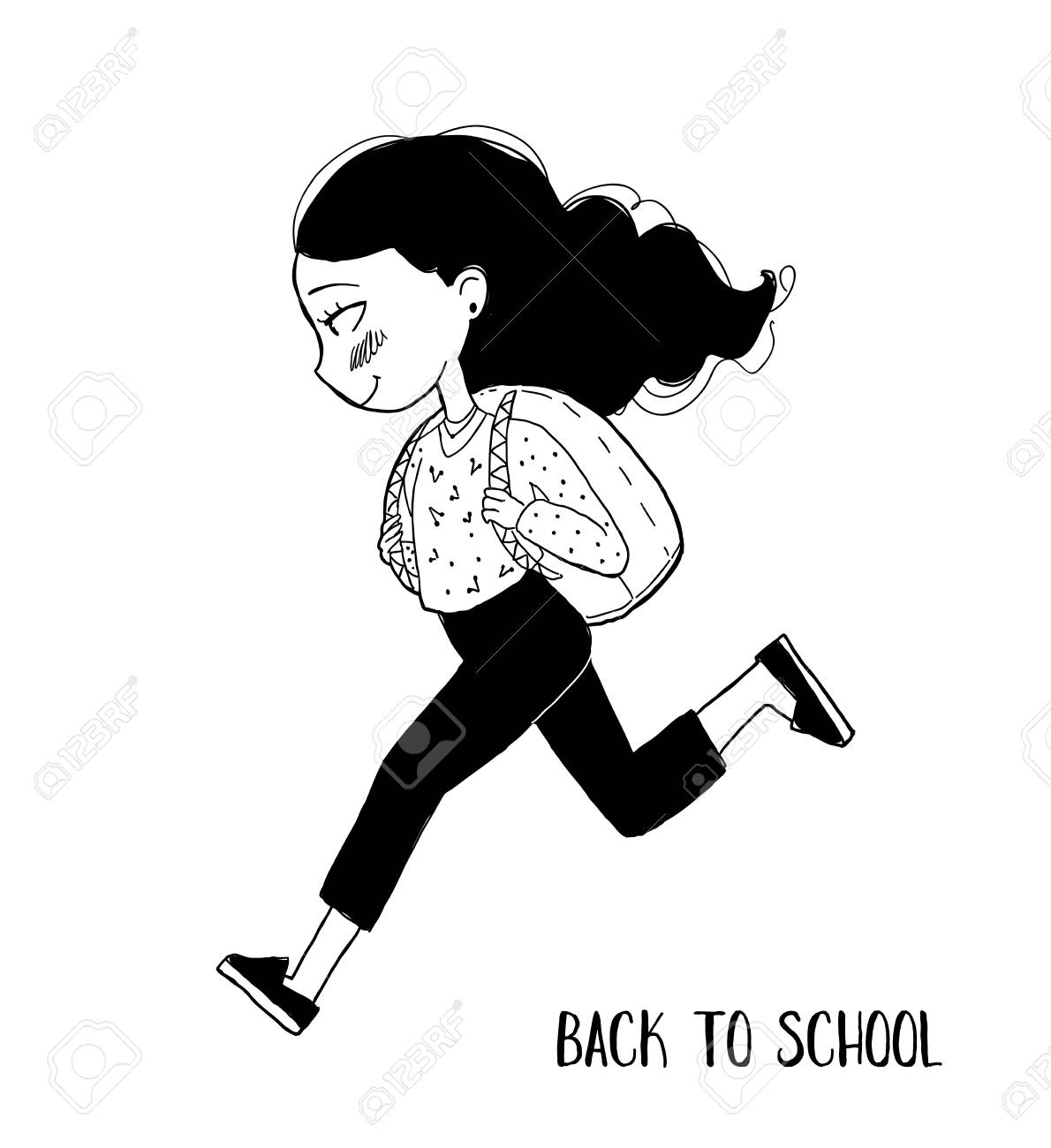 かわいい走る女の子のキャラクター 手描きのベクトルイラスト 学校のコンセプトに戻る のイラスト素材 ベクタ Image