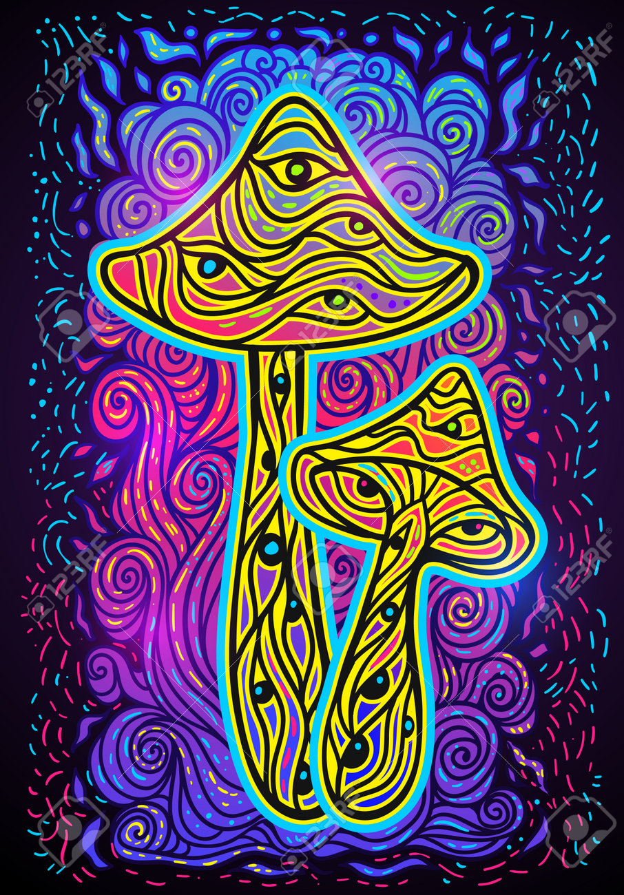 Magic Mushrooms. Psychedelic Fluorescent, Neon Poster. Vector Illustration.  Zen Art. Decorative Mushrooms, Hippie, Hallucination, Psilocybin 60s 70s  Purple Black Royalty Free SVG, Cliparts, Vectors, and Stock Illustration.  Image 206034985., image size:906x1300