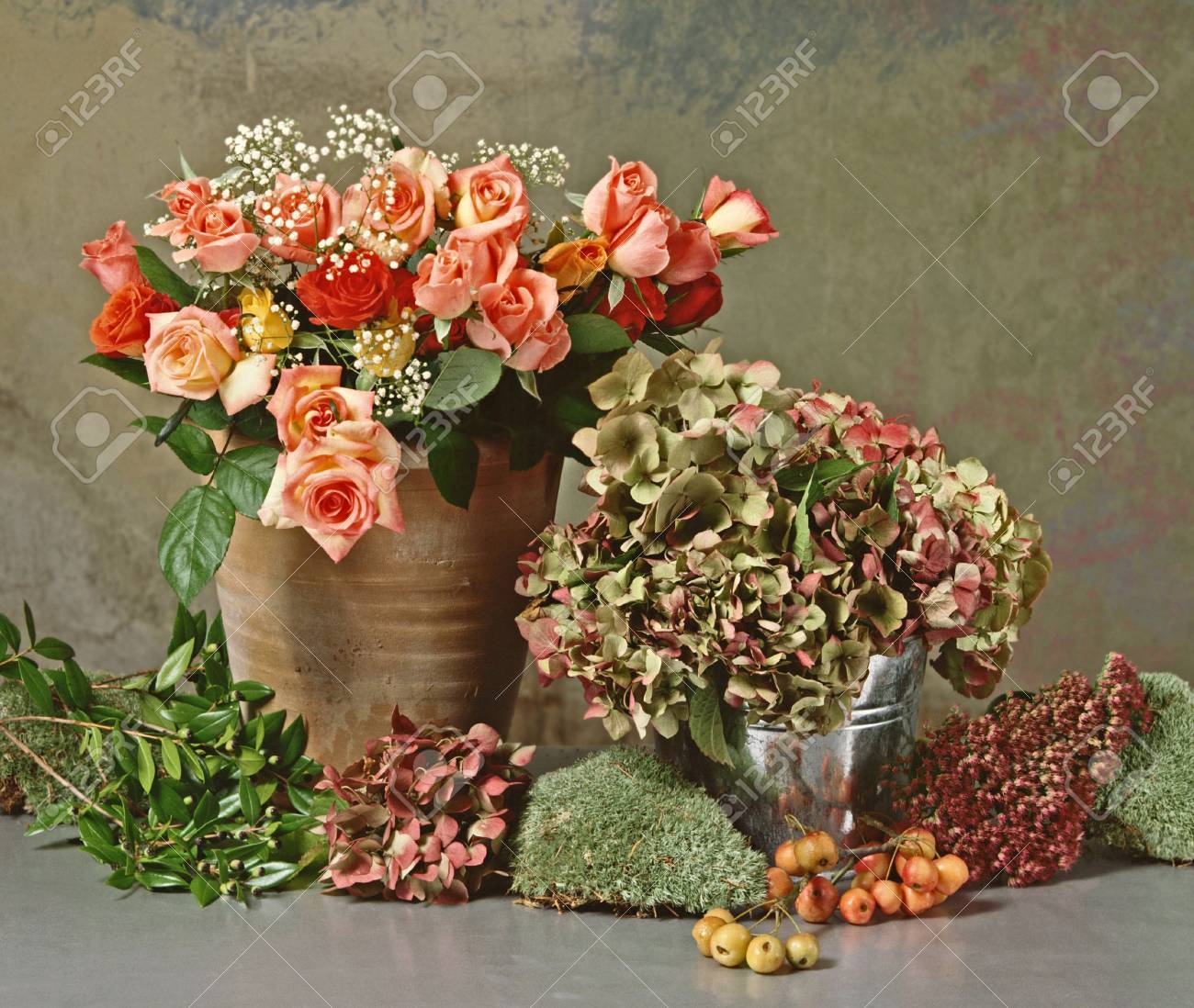 still life with a bunch of roses and dry hortensias - 3662139 still life with a bunch of roses and dry hortensias - 3662139