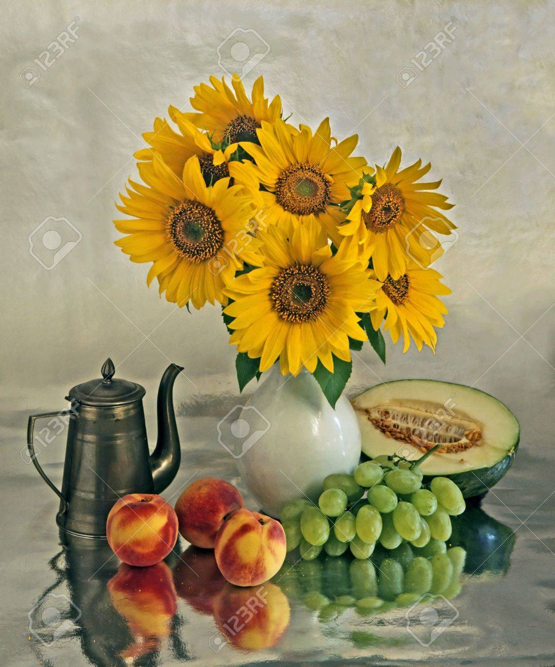 Still life with a sunflowers in vase and different fruits - 3662142 Still life with a sunflowers in vase and different fruits - 3662142