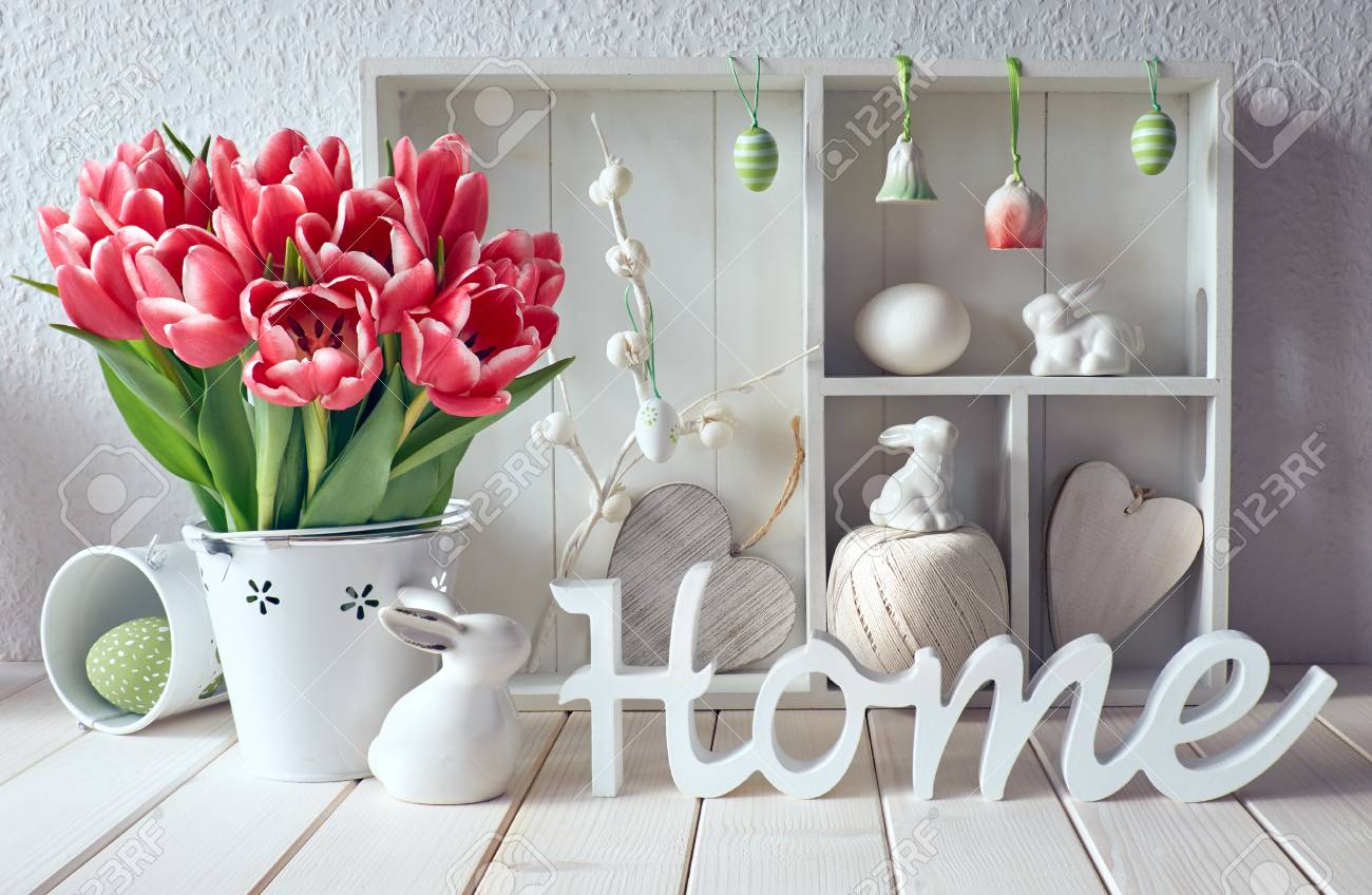 Springtime Background With Spring Decorations Display Cabinet