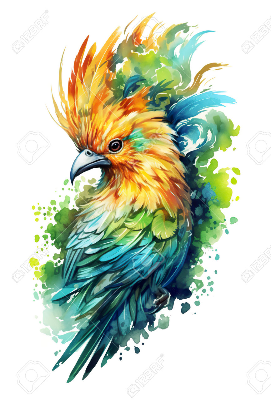 抽象的な鳥の水彩画 24✖️27 水彩画が羽に飛び散る色とりどりの鳥。生成的 AI イメージ。の写真素材