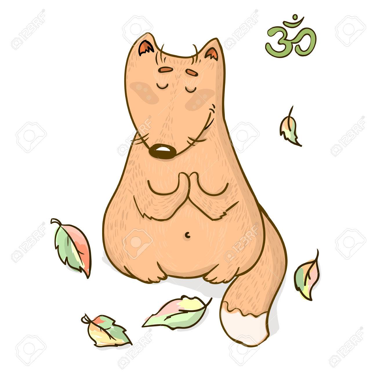 ベクター面白い動物ヨガ漫画デザイン かわいいキツネは葉のヨガと瞑想に座っています アパレル 漫画 服 ポスターやステッカーの動物キャラクター デザイン のイラスト素材 ベクタ Image