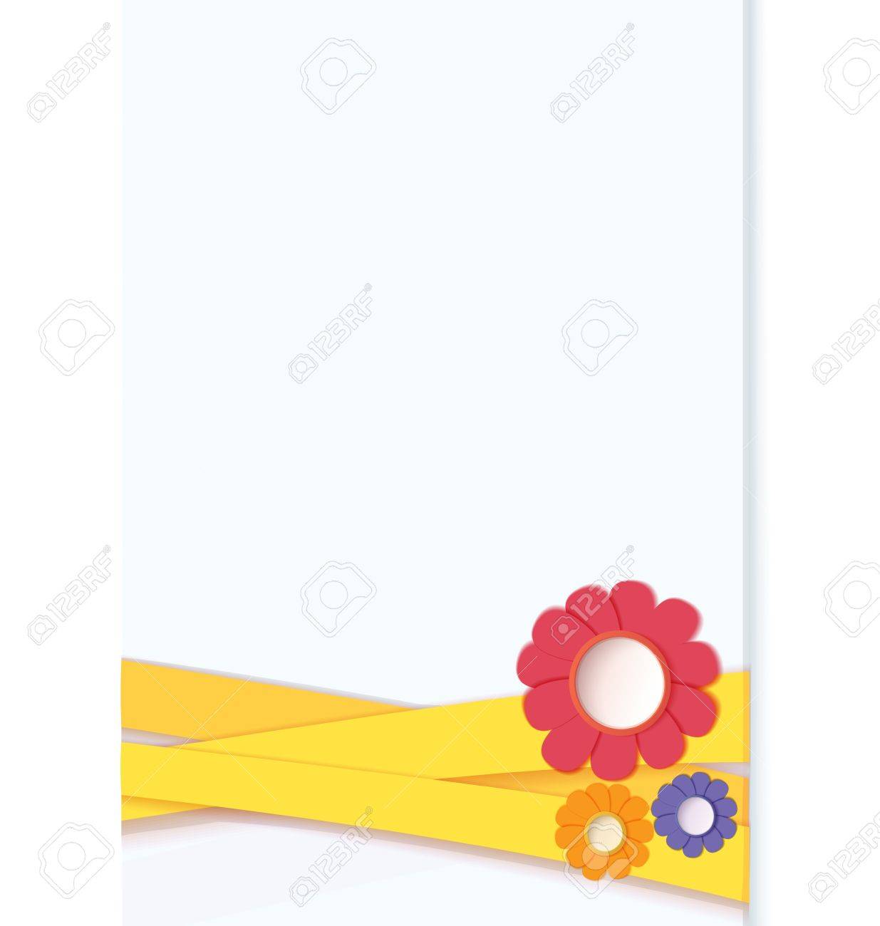 illustration of blue card tied with ribbon and decorated with paper crafted flowers