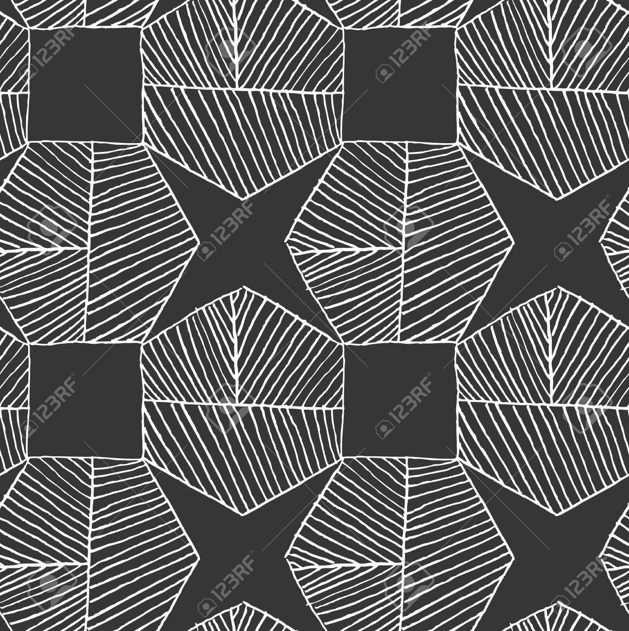 ハッチの六角形の黒い星を形成します 黒と白のシンプルな幾何学模様を孵化しました 手書きインクのシームレスな背景を持つ モダンな流行に敏感なスタイルのデザイン のイラスト素材 ベクタ Image