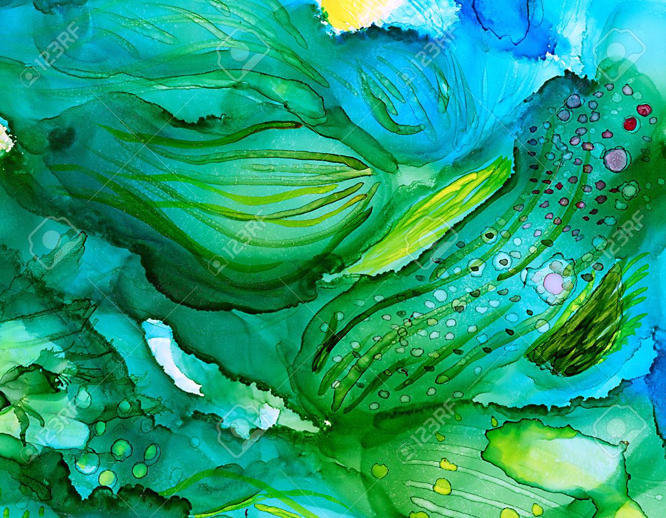 抽象緑水中の海藻 明るいインクと水彩で描かれたカラフルな背景手塗料 色のはねかける 飛び散っむらの芸術的なモダンなデザインを作成します の写真素材 画像素材 Image