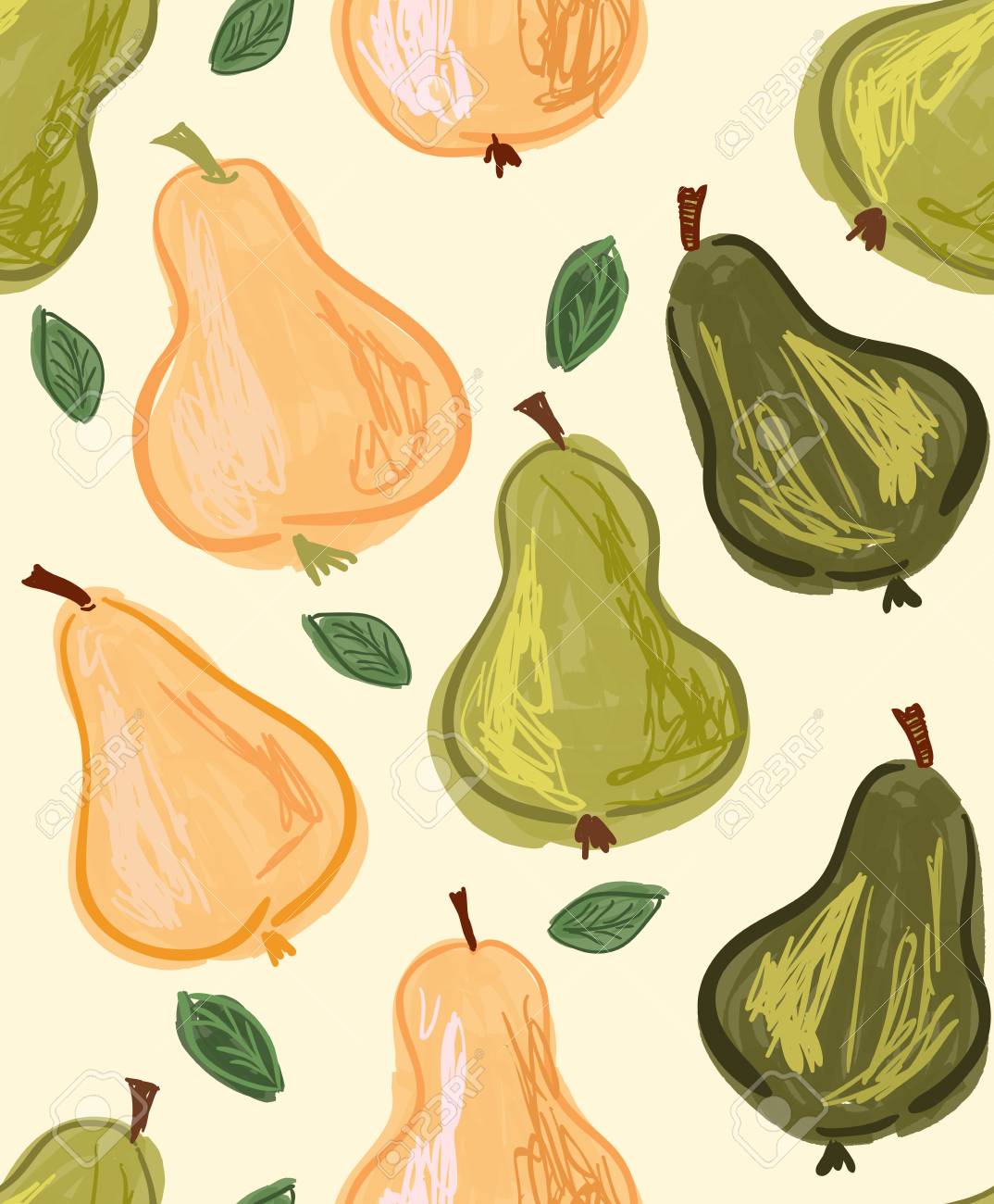 黄色の鉛筆梨と手書きのパターンを繰り返します 手をインクで描かれ 色のマーカー ブラシのシームレスな背景を持つ 抽象的な果物で創造的な季節のデザイン の イラスト素材 ベクタ Image