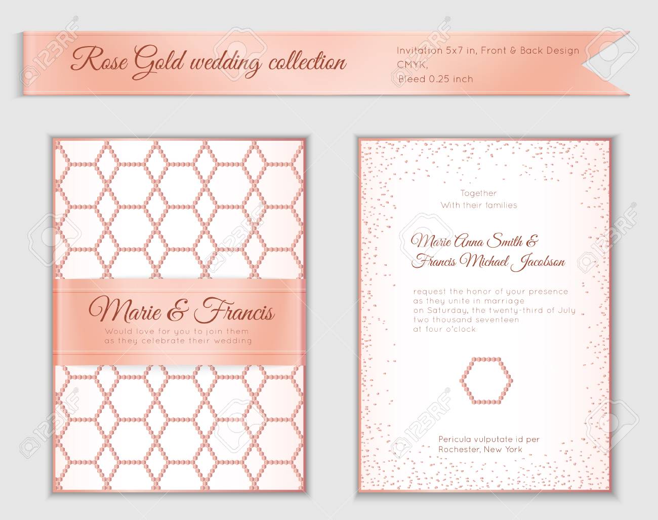 luxury wedding invitation template with rose gold shiny realistic