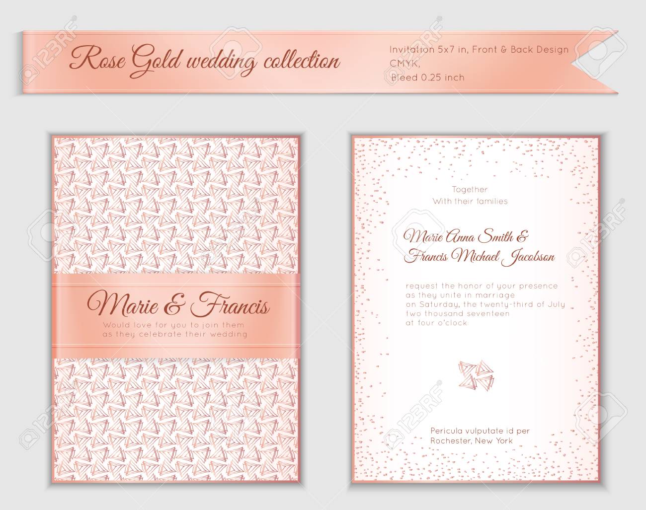 luxury wedding invitation template with rose gold shiny realistic
