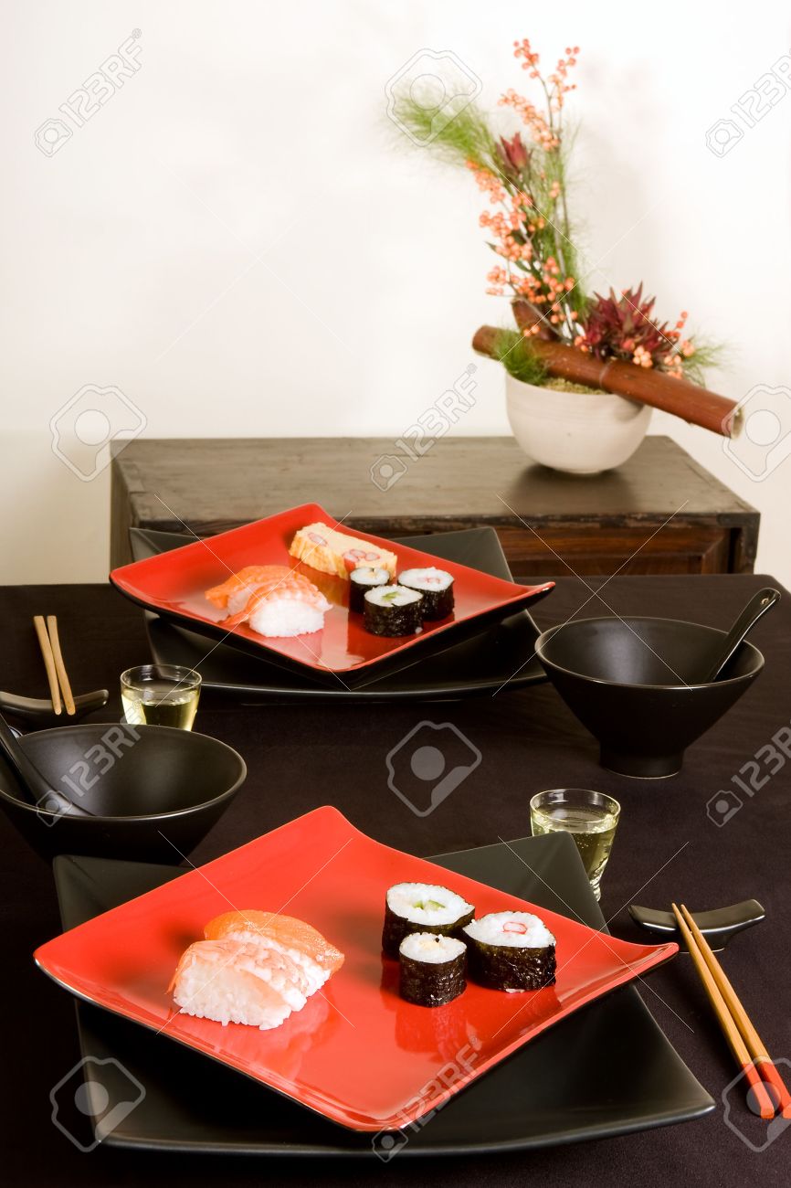 Japanese Dinner Setting With Sushi And Ikebana Flower Arrangement ... Japanese Dinner Setting With Sushi And Ikebana Flower Arrangement ...