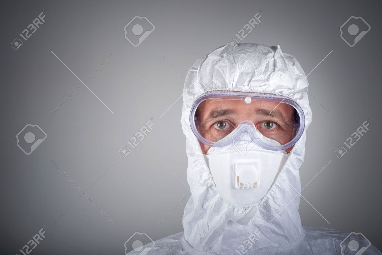 Scientist in protective wear, glasses, respirator - 31225017 Scientist in protective wear, glasses, respirator - 31225017