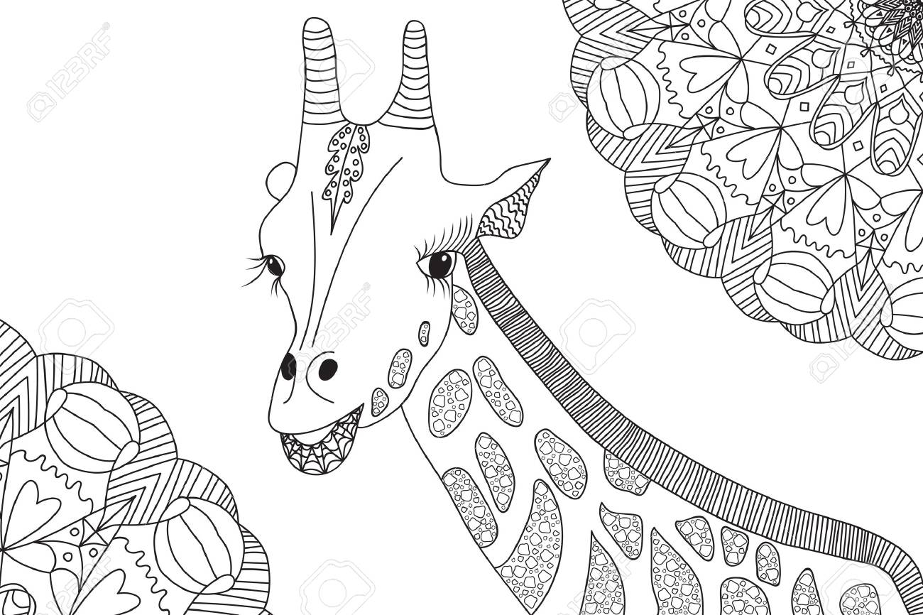 手描きのキリンとマンダラ アンチ ストレスぬりえの大人 塗り絵の黒と白のイラスト のイラスト素材 ベクタ Image 69064010