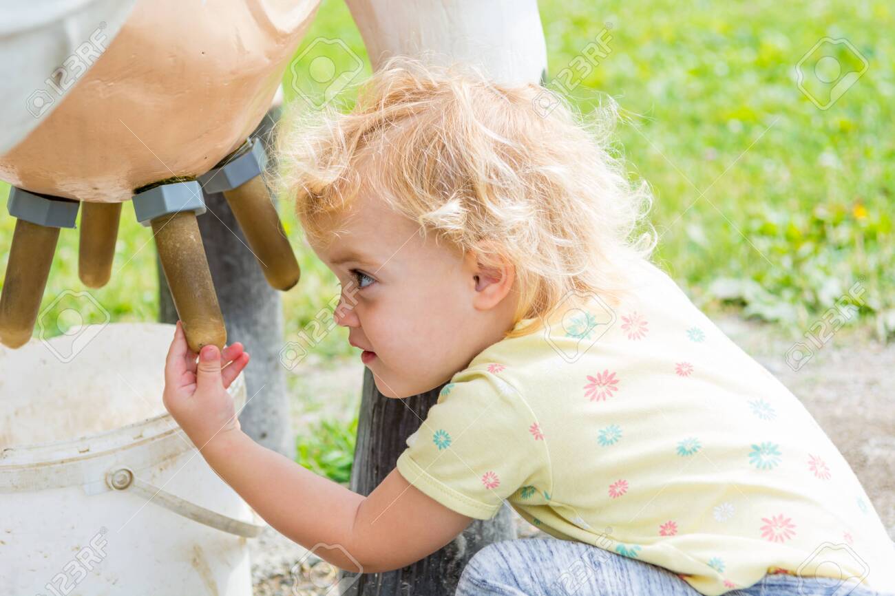 Cute Blonde Girl Learning How To Milk A Cow On Milking Simulator Stock Photo Picture And Royalty Free Image Image 136235758