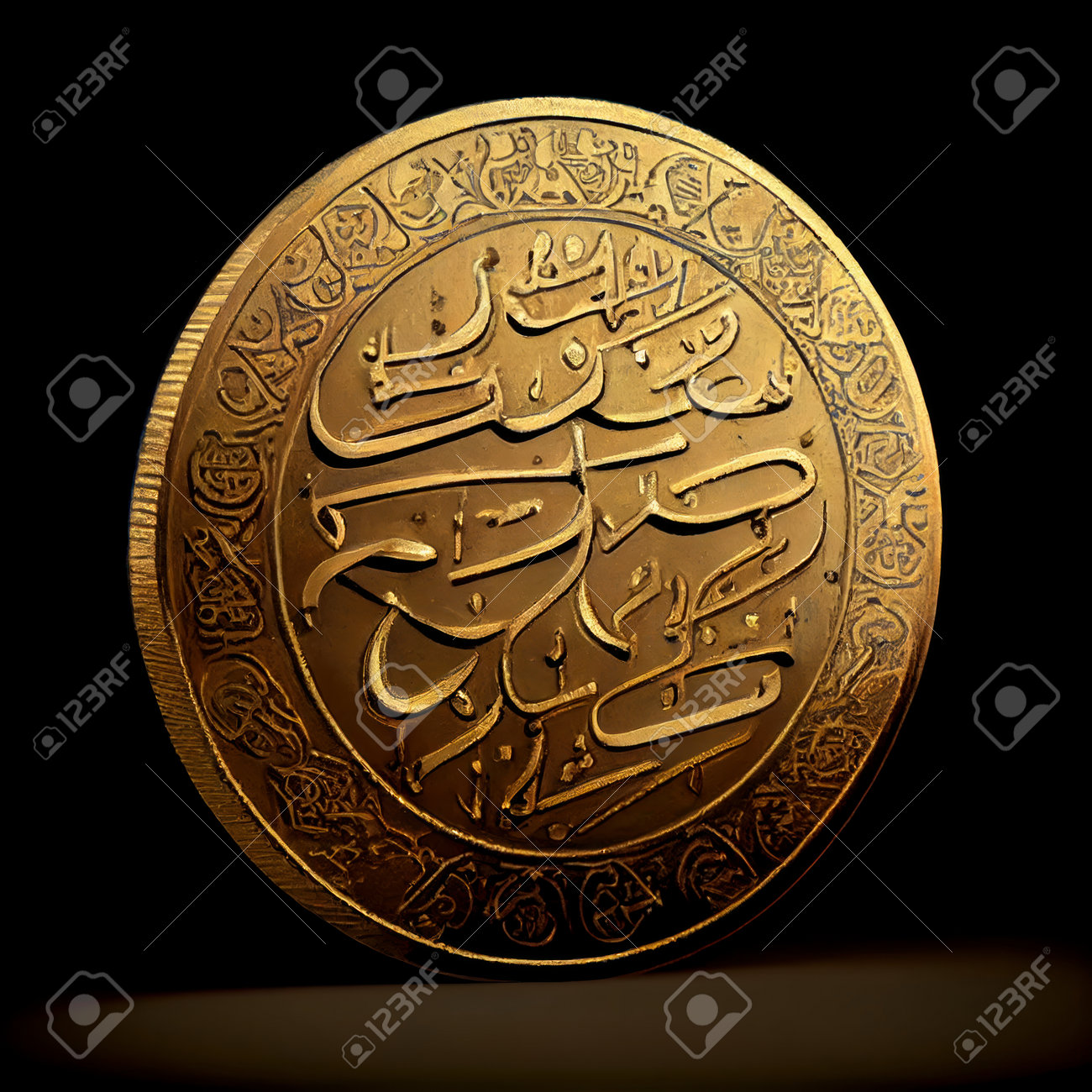 Arab Gold Coin. Gold Dinar With Inscription. Generative AI Stock Photo,  Picture and Royalty Free Image. Image 205608402.