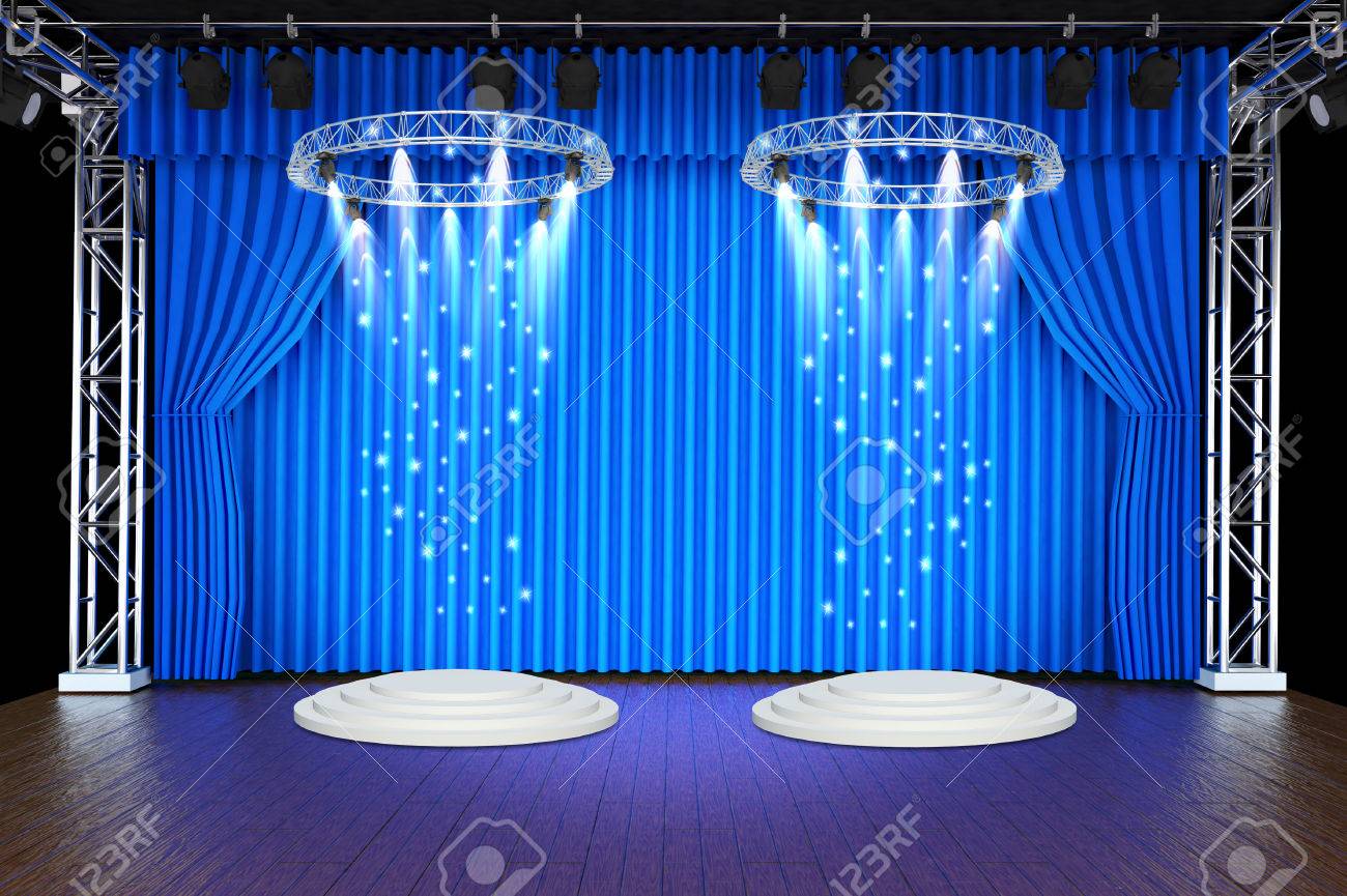 Theater Stage With Blue Curtains And Spotlights Stock Photo, Picture and  Royalty Free Image. Image 22558244., image size:1300x865