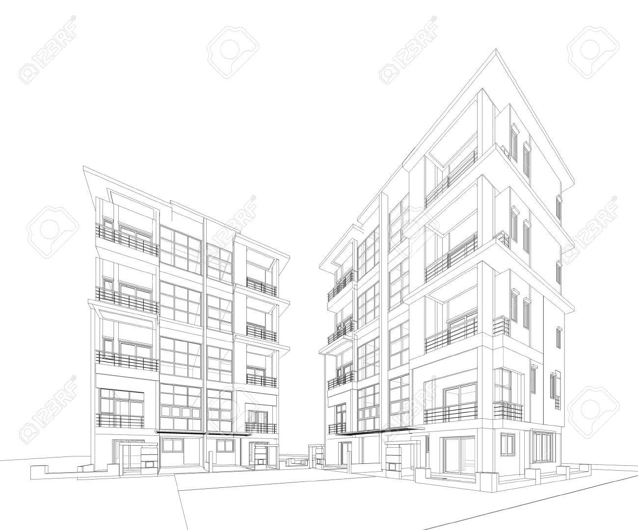 perspective 3d render of building wireframe stock photo picture