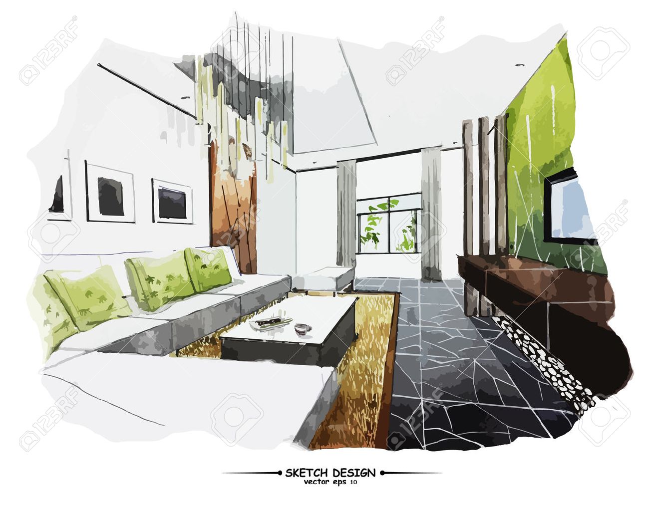 Vector interior sketch design. Watercolor sketching idea on white paper background. - 45570326 Vector interior sketch design. Watercolor sketching idea on white paper background. - 45570326