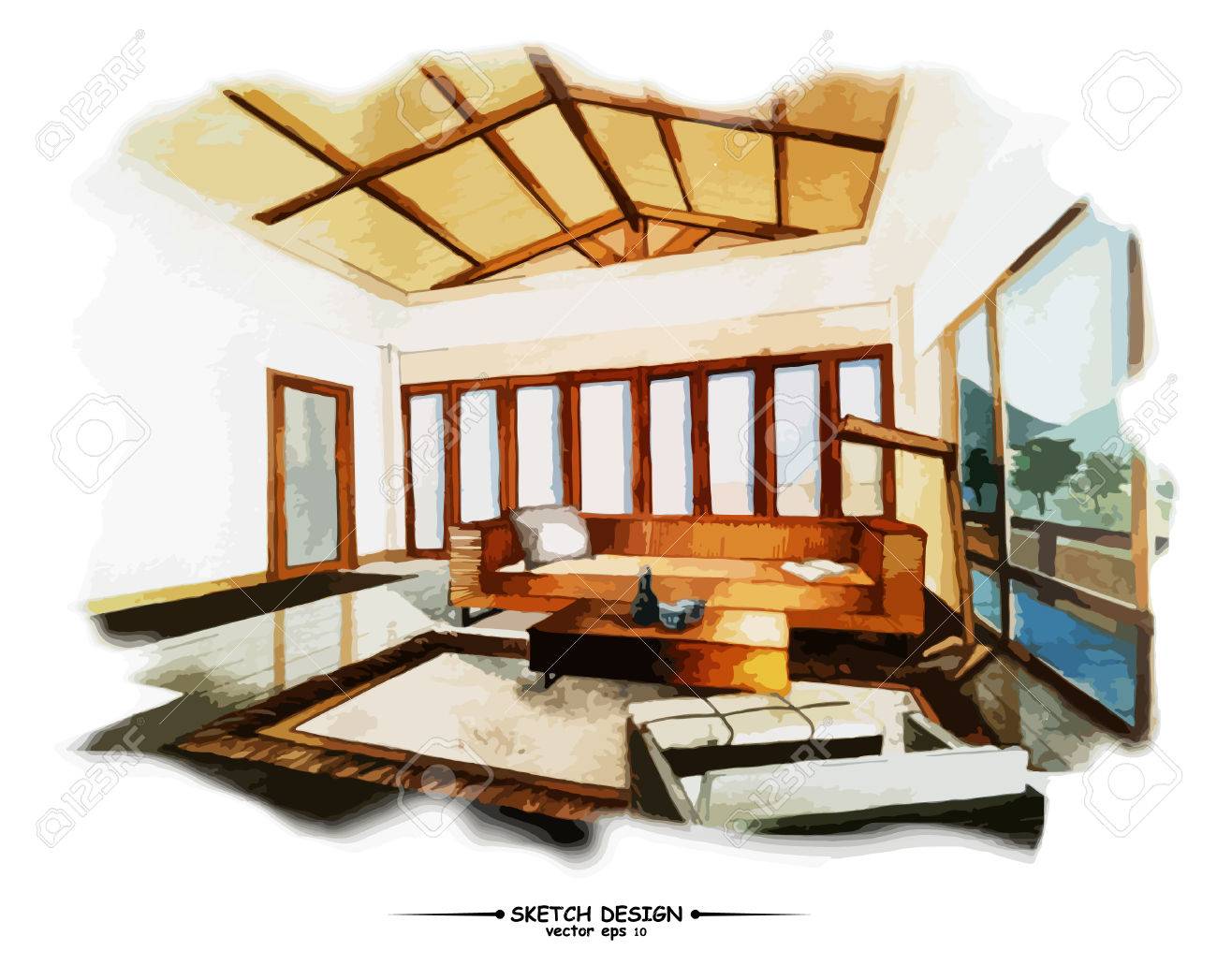 Vector interior sketch design. Watercolor sketching idea on white..